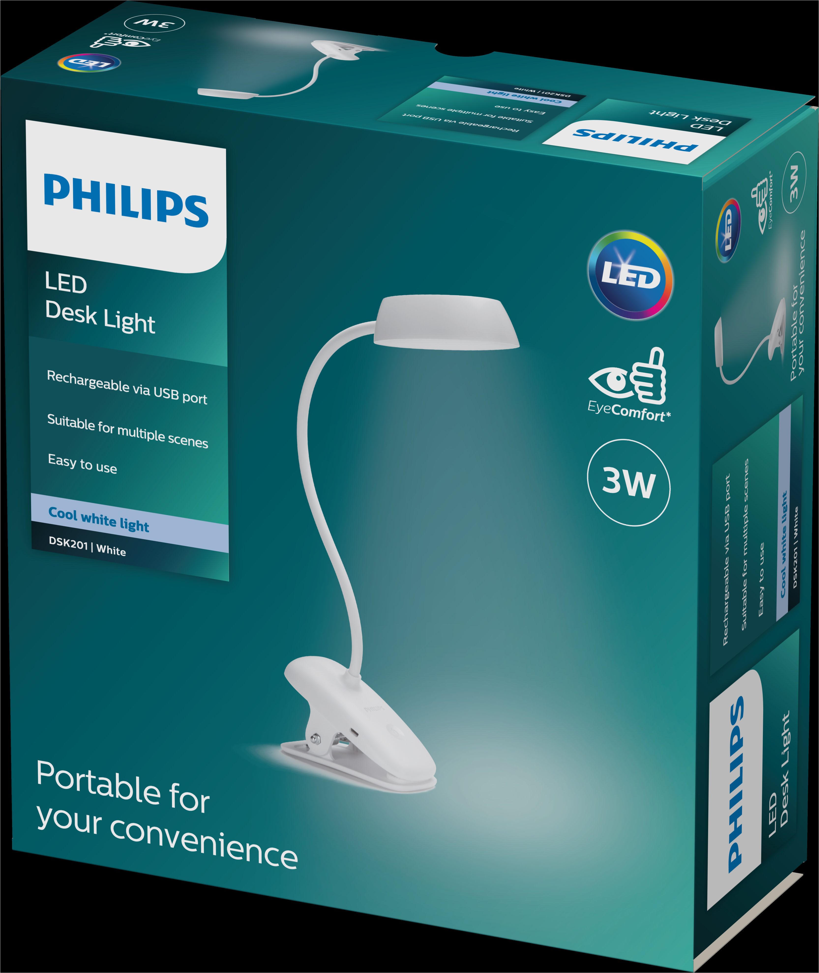 Philips LED Schreibtischlampe Donutclip 3W, 4000K, 175 Lumen, mit Clip, Akku, Touchdim, weiss, Dimmfunktion, USB-Ladefunktion, mehrere Helligkeitsstufen, LED fest integriert, Neutralweiß