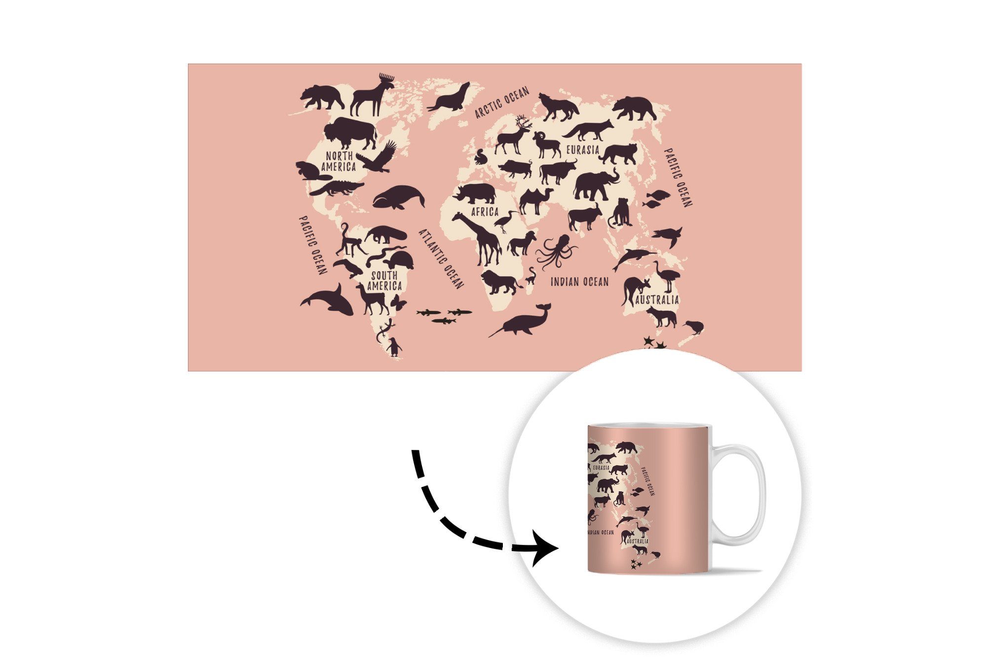 Becher, Keramik, Weltkarte Kaffeetassen, - Geschenk Teetasse, Rosa, - MuchoWow Tier Tasse Teetasse,