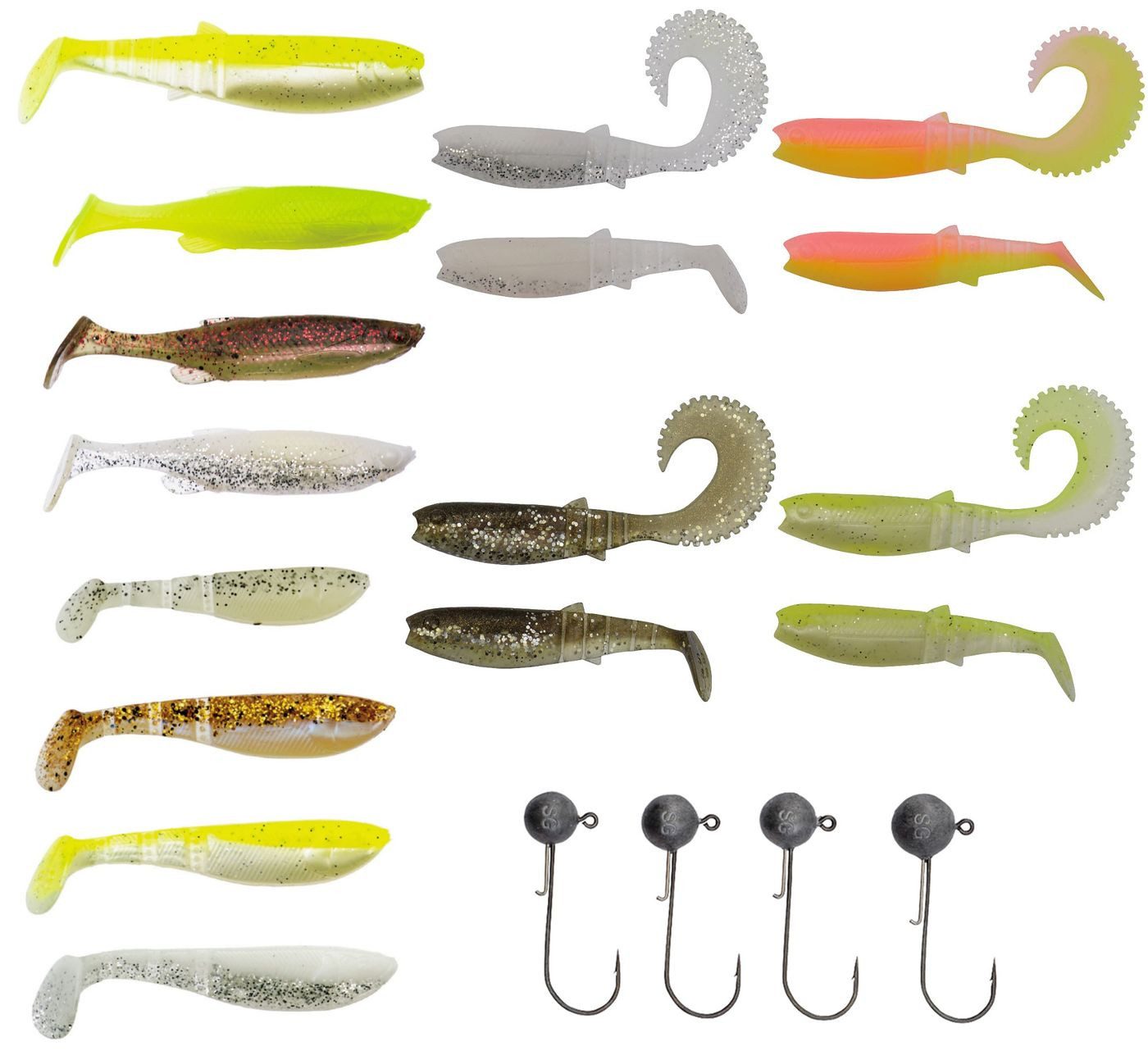 Kunstköder Savage Gear Perch Pro Kit - 16 Gummiköder + 4 Jighaken Barschset
