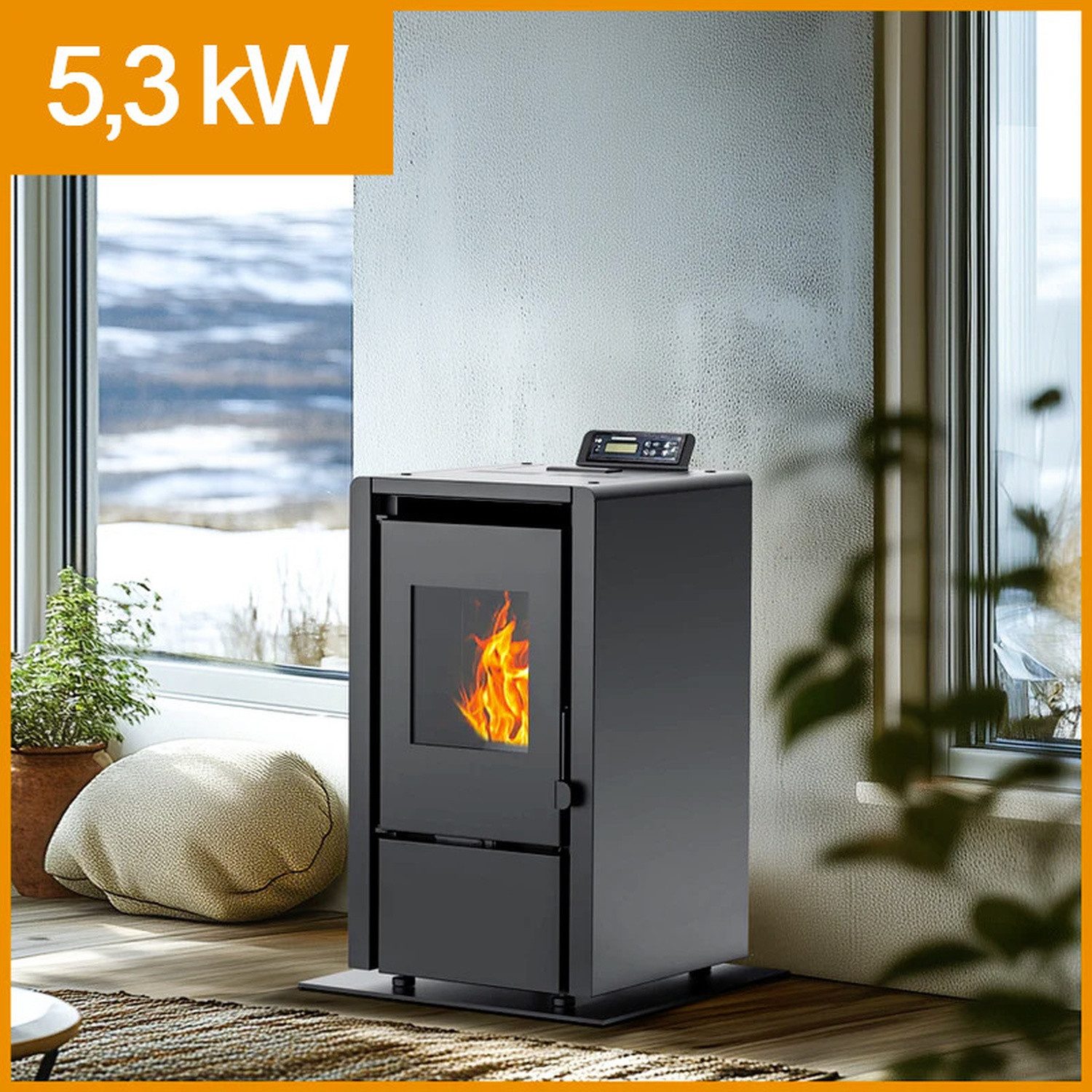 NEMAXX Pelletofen PC5 Schwarz 5,3 kW A+ bis 120m³ Chrono & ECO-Modus Unterdrucksicherung, (WiFi Ready (App optional), Display & Fernbedienung, Überhitzungsschutz), Kompakt, 8 kg Pelletbehälter, emissionsarm & wartungsfreundlich