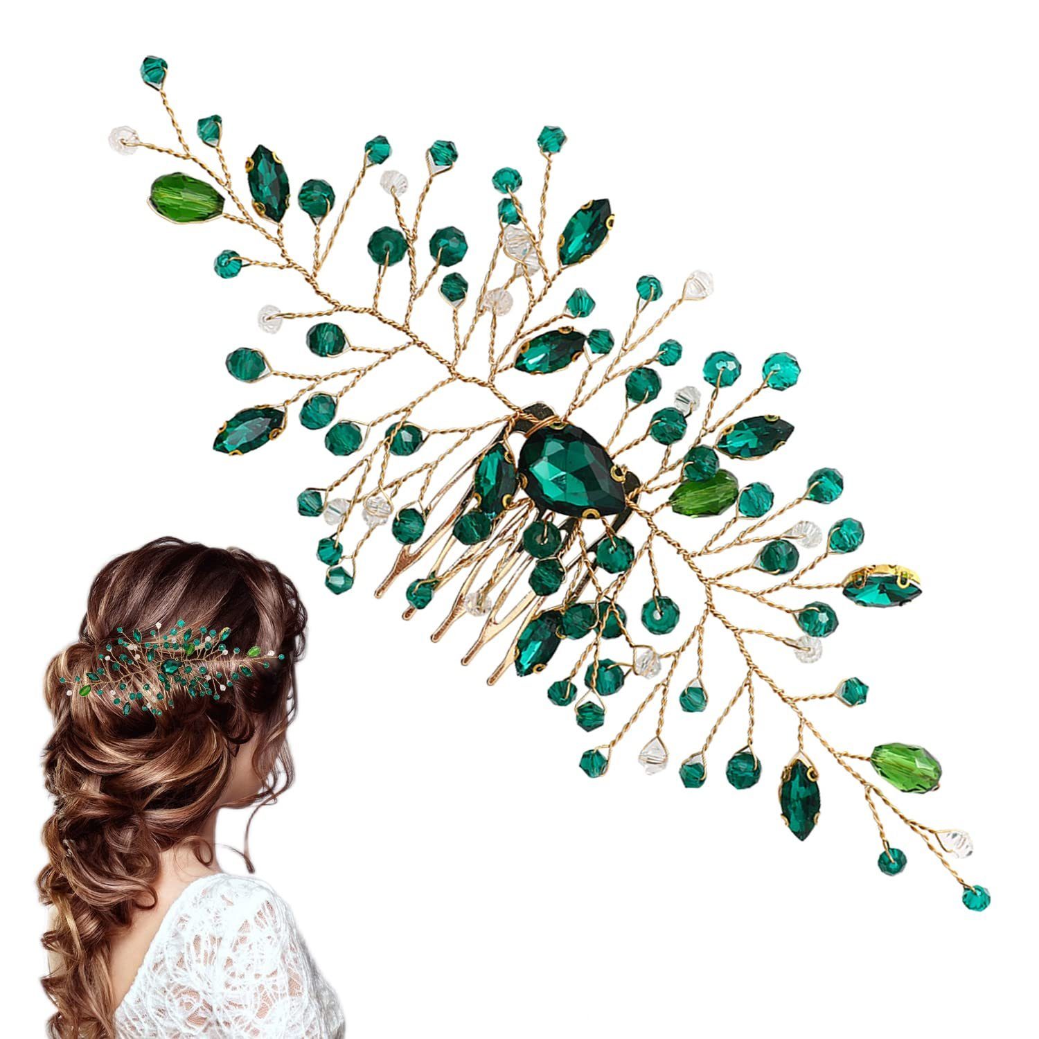 Kristall-Braut-Haarschmuck, Diadem (1-tlg) Grüner WaKuKa Weinblatt-Hochzeits-Haarkamm