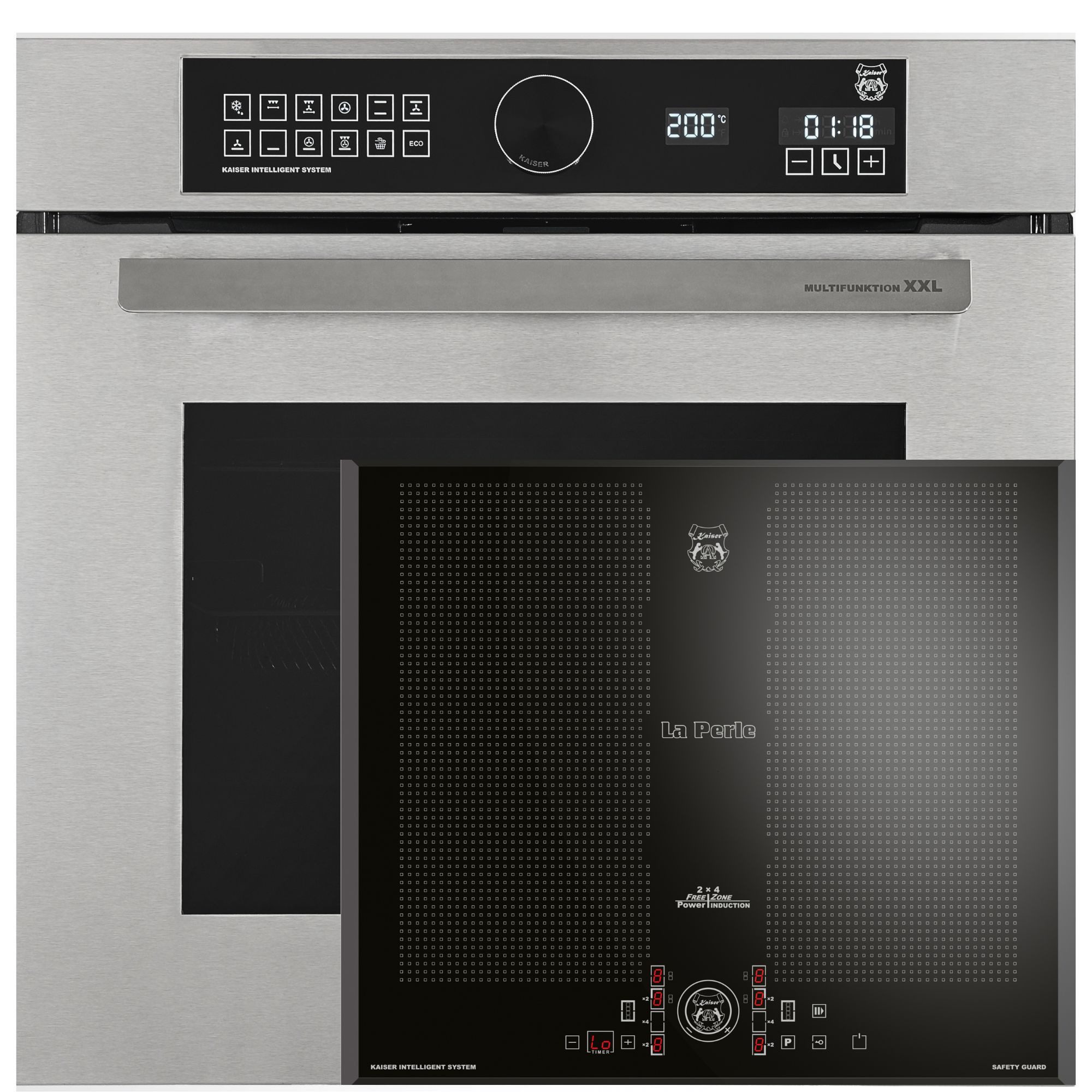 Kaiser Küchengeräte Backofen-Set Herd Set Autark Edelstahl Einbau Backofen XXL 79L Air Fry Pizzastein Heißluftsystem Selbstreinigung +Induktions-Kochfeld 60 cm FREE ZONE mit 2 FLEX Induktions-Zonen EH 6451+KCT 61 FI, mit 1-fach-Teleskopauszug