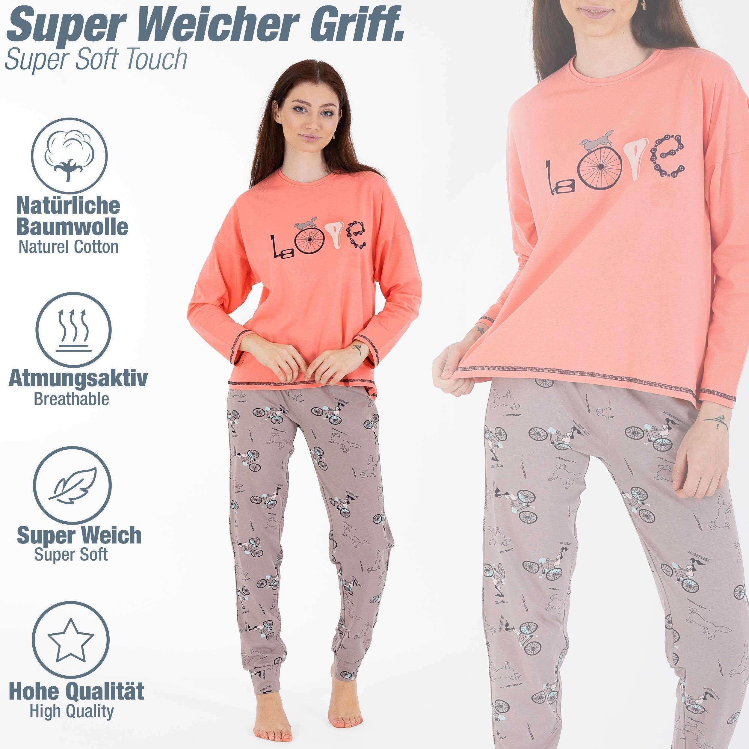 Schlafanzug Damen LOREZA zweiteiliger Hausanzug (Set, langa tlg) Schlafanzug 2 Pyjama LOVE Nachtwäsche 2 Variante