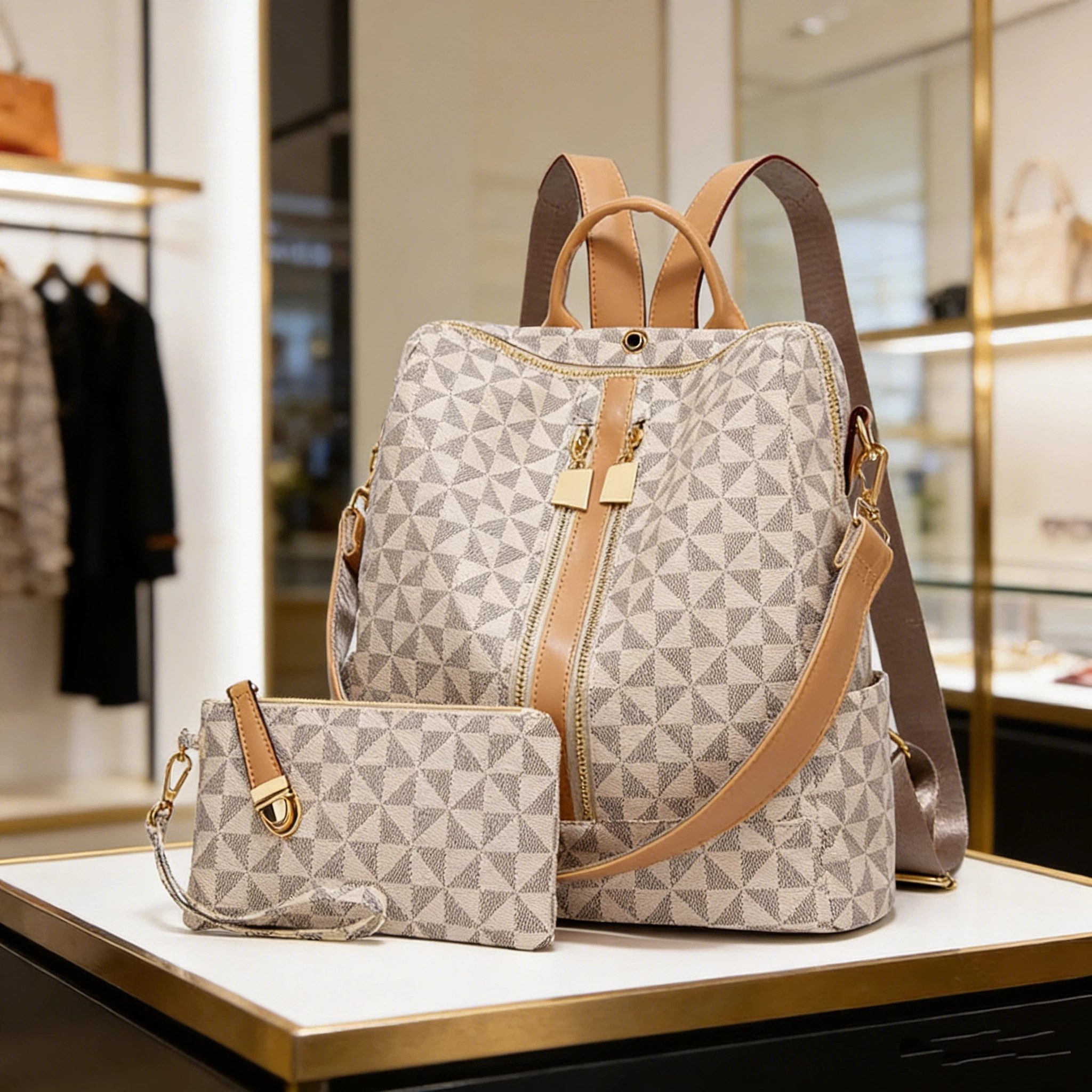 OKWISH Rucksack Laptoprucksack Schulrucksack Lederrucksack Reiserucksack Kunstleder (32x32x14 cm Lederrucksäcke mit 20x11 cm Handtasche Kunstleder, Schultertasche, Vintage, Notebook Laptop Tasche, Schule Rucksack), für Herren Damen Jungen Teenager Freizeit Arbeit Business Reisen