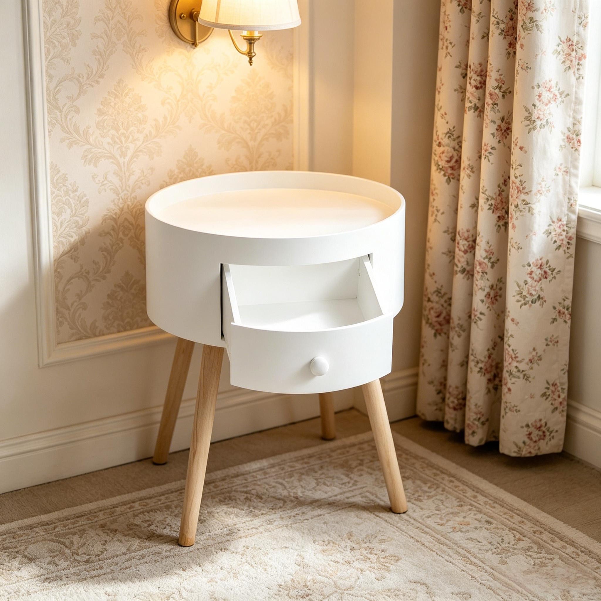 Beistelltisch Runder mit Schublade weiss