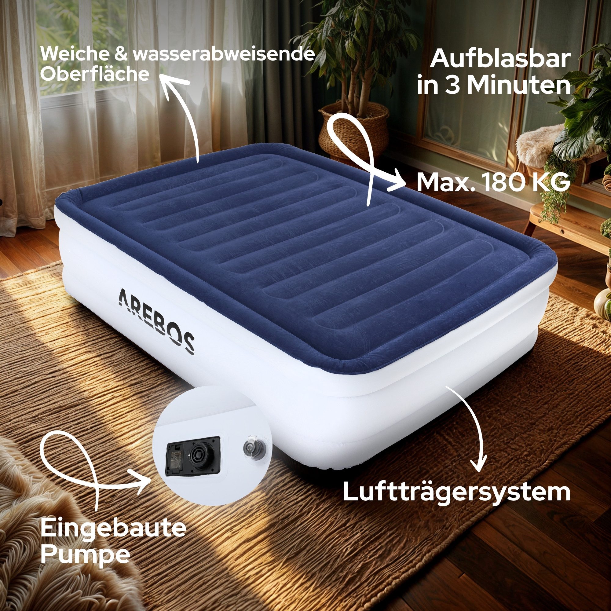 Arebos Luftbett mit integrierter Pumpe Luftmatratze selbstaufblasend Gästebett, (Blau / Weiß), 203 x 152,5 x 51 cm