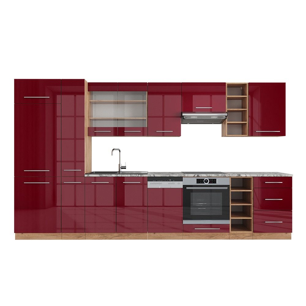 Vicco Küchenzeile Fame-Line, Bordeaux Hochglanz/Goldkraft Eiche/Goldkraft Eiche, 355 ...