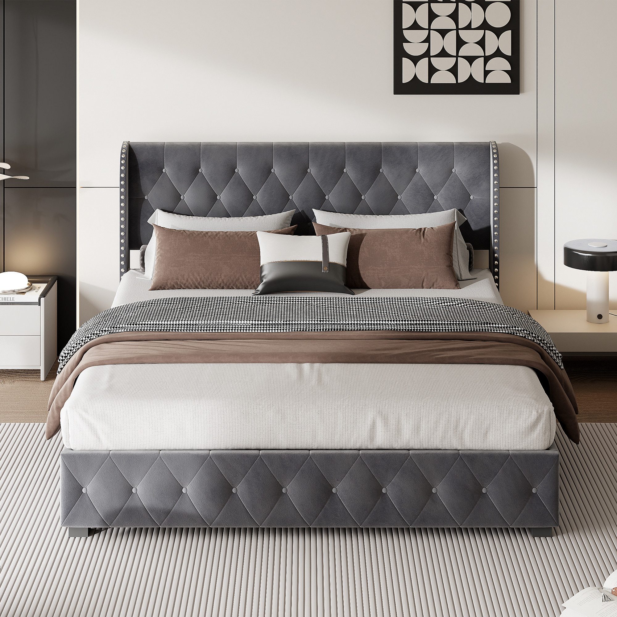 PXloue Polsterbett Luxuriöses Bett mit gepolstertem Kopfteil im modernen Design (Lattenrost,ohne Matratze), Elegantes Design mit Samtbezug und stilvollen Knopfdetails