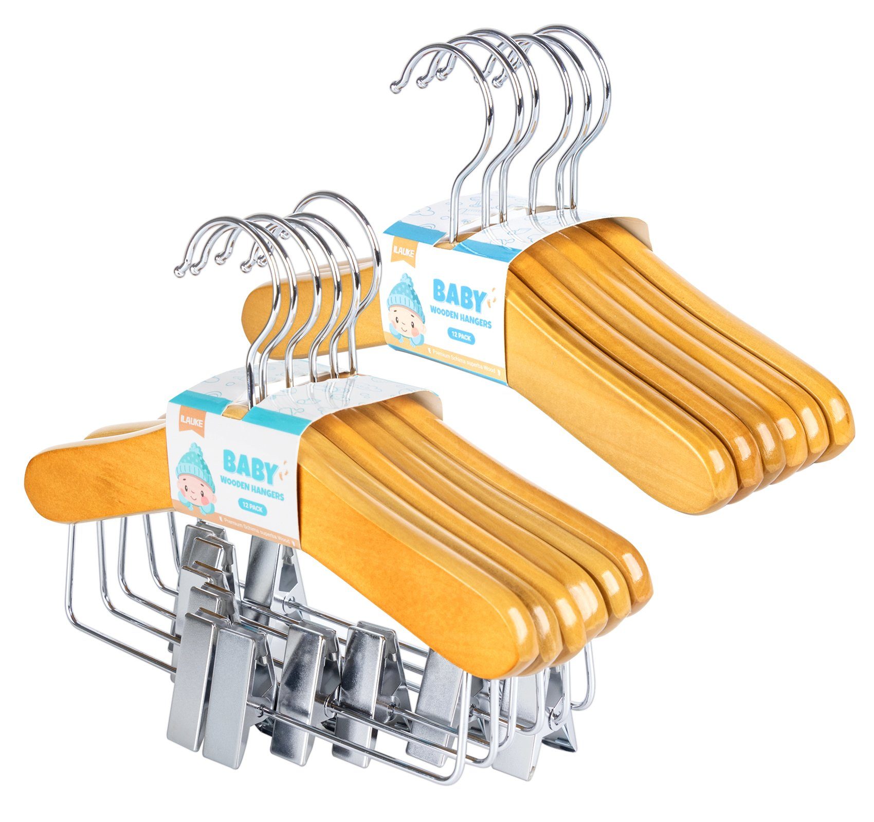 Homewit Kleiderbügel 12tlg Holz Kinderkleiderbügel Baby Hosenbügel mit Hosensteg und Clips, (Set), Mit 360° drehbarer Haken und Einschnitt für Baby & Kinderkleidung Naturholzfarbe