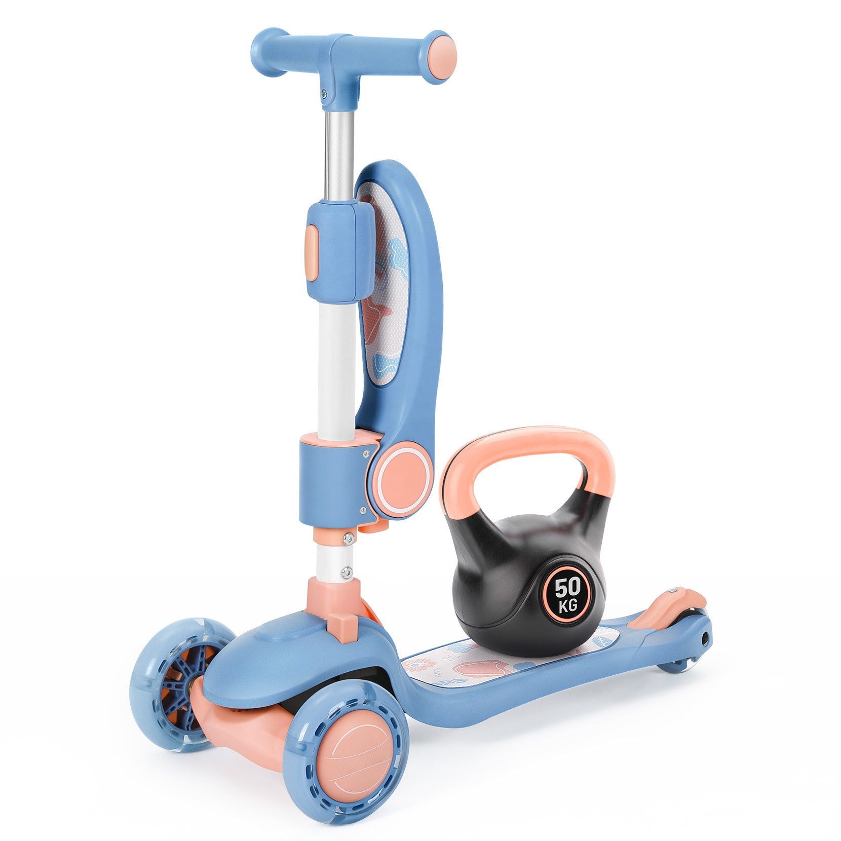 OUNUO Dreiradscooter 1009 Kinderroller mit LED und Sitz, höhenverstellbar, für 2 Jahren ab