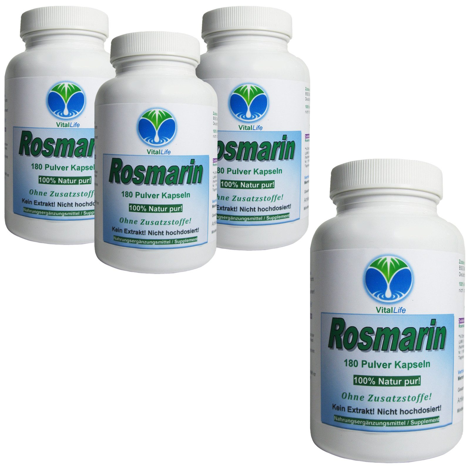 VitalLife Rosmarin Kräuter gemahlen – Reines Rosmarinpulver ohne Zusätze Kapseln, 4 er Dose à 180 St., 216 g, Art. 26411-720