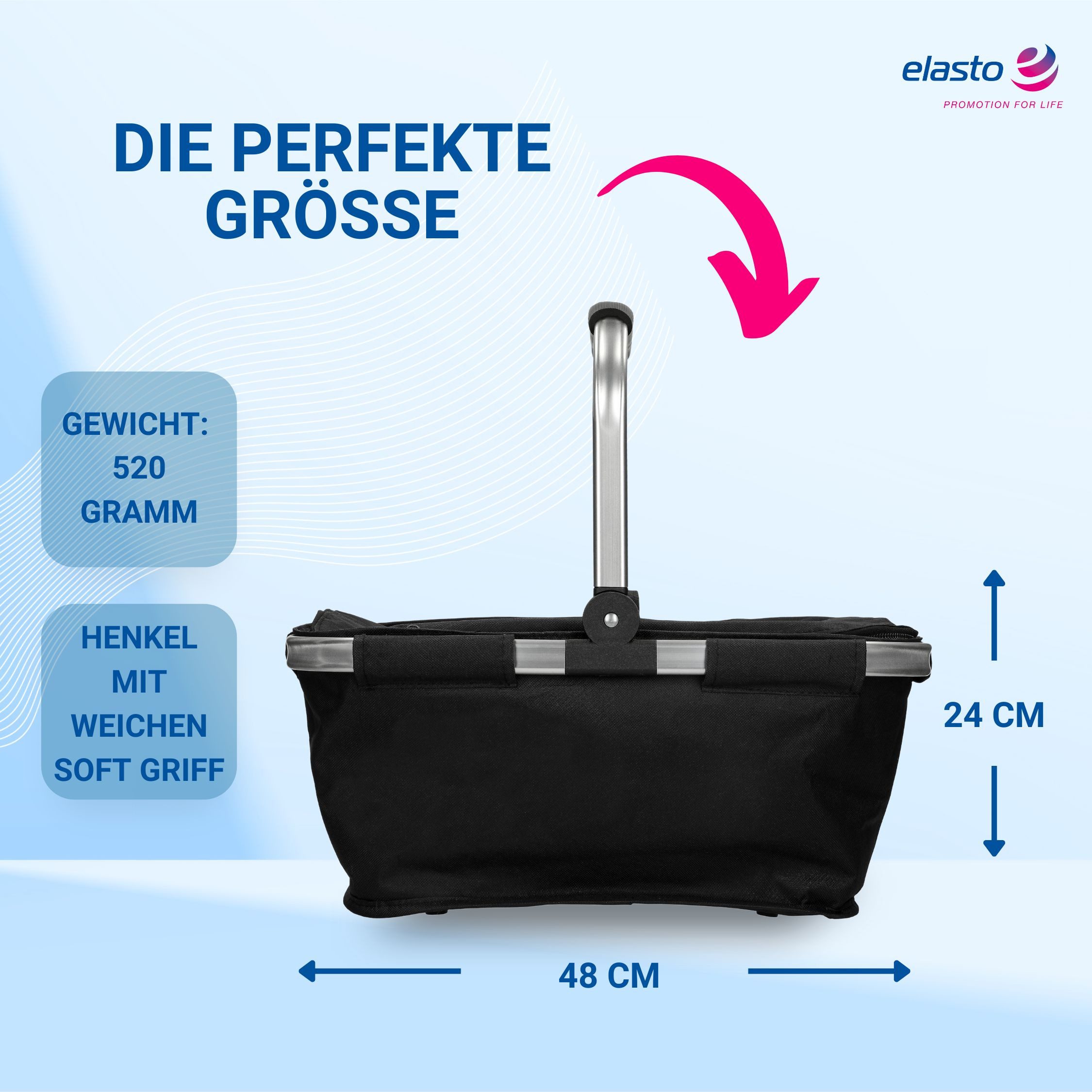 elasto Tragetasche Kühlkorb mit Henkel ca. 30 L - faltbarer Einkaufskorb mit Soft Griff