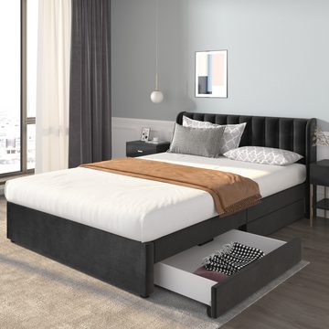 MODFU Polsterbett Doppelbett Stauraumbett Bett mit Lattenrost ohne Matratze (140 x 200 cm), Schlichter und stilvoller Samt-Look