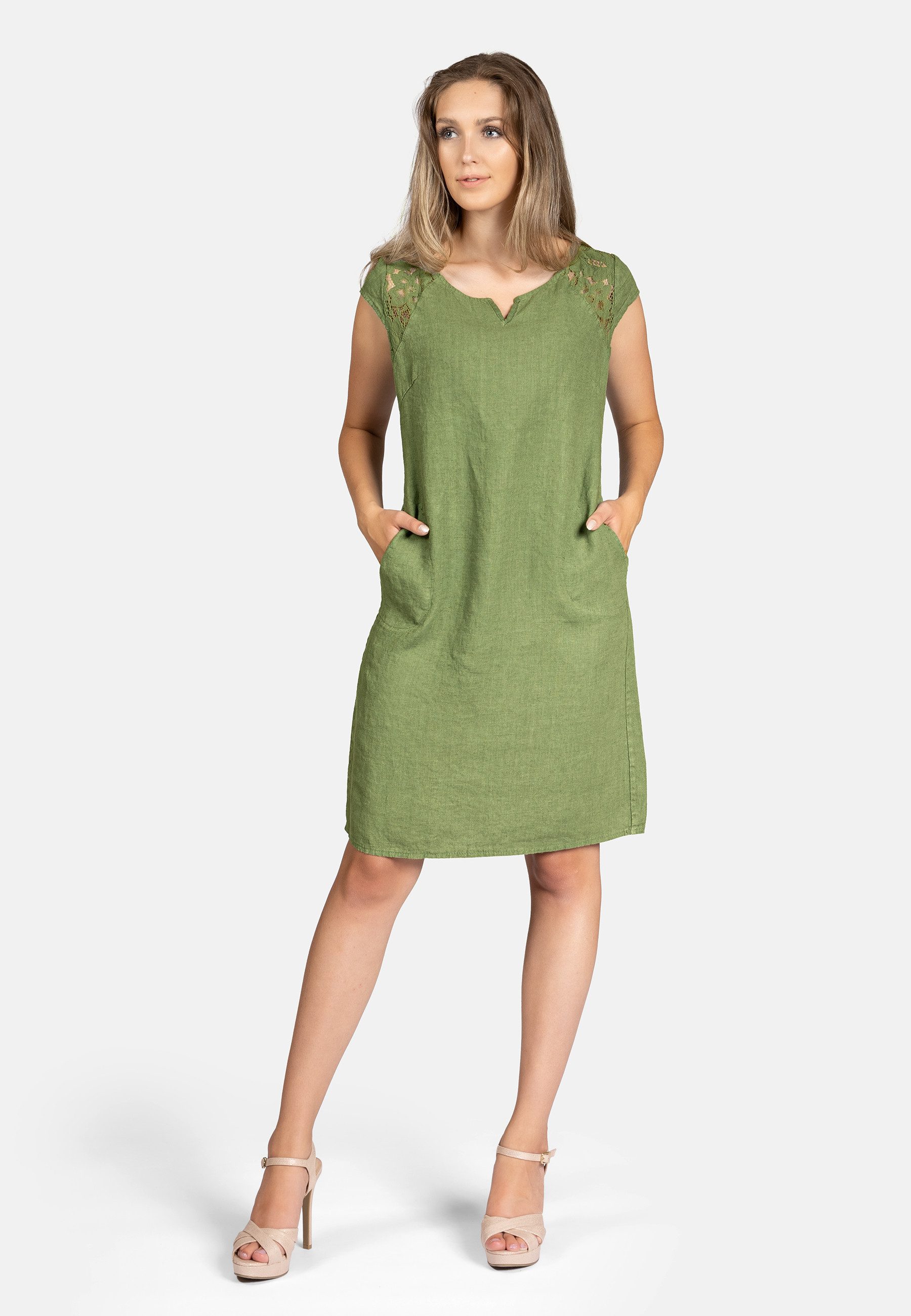 Caspar Sommerkleid SKL042 Damen Sommer Leinenkleid mit dezentem Spitzeneinsatz Luftig leicht, figurumspielende Form, mit seitlichem Jersey-Einsatz – Bild 2 von 5