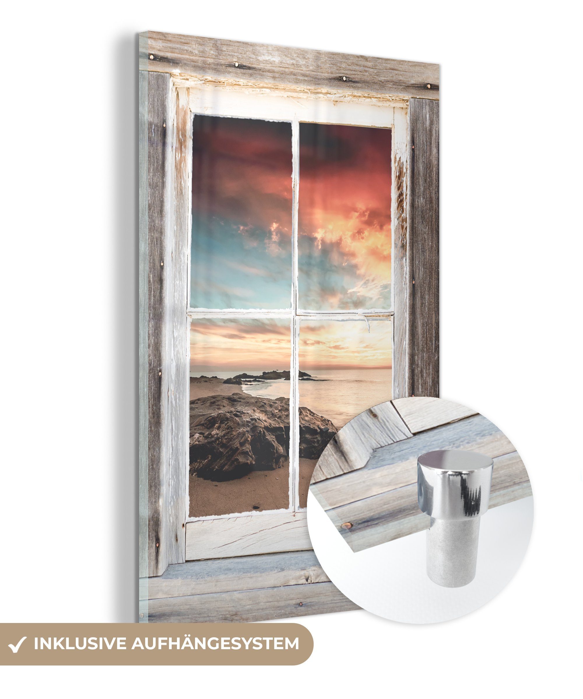 MuchoWow Acrylglasbild Durchblick - Holz - Strand, (1 St), Glasbilder - Bilder auf Glas Wandbild - Foto auf Glas - Wanddekoration