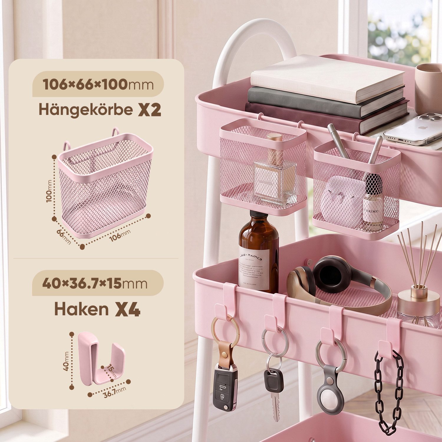 Sekey Rollwagen Küche 30 cm Breit Servierwagen mit Rollen Metall, 2 Körben & 4 Haken, Rosa, Küchenwagen aus Metall, 31 x 44 x 78 cm
