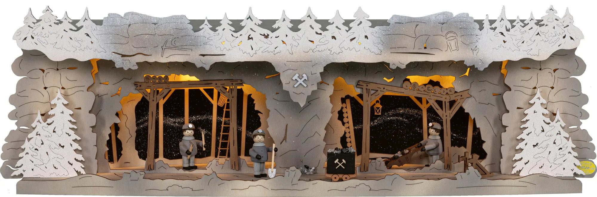 Tietze Erzgebirgsdesign LED Schwibbogen Panorama-Erhöhung Bergbau beschneit, 58x18x14,5 cm (BxHxT)