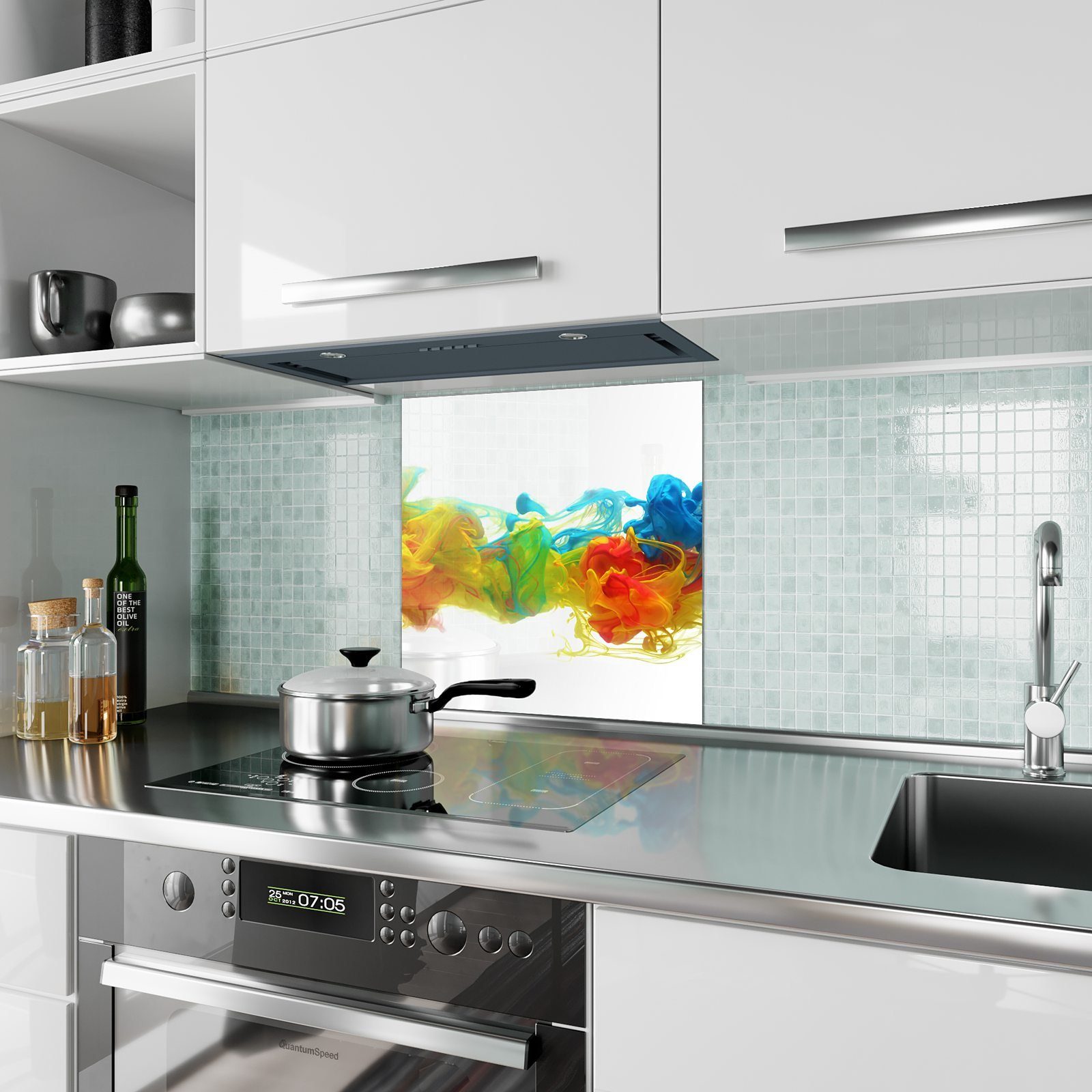 Glas mit Küchenrückwand Küchenrückwand Motiv Bunte Primedeco Spritzschutz Tinte