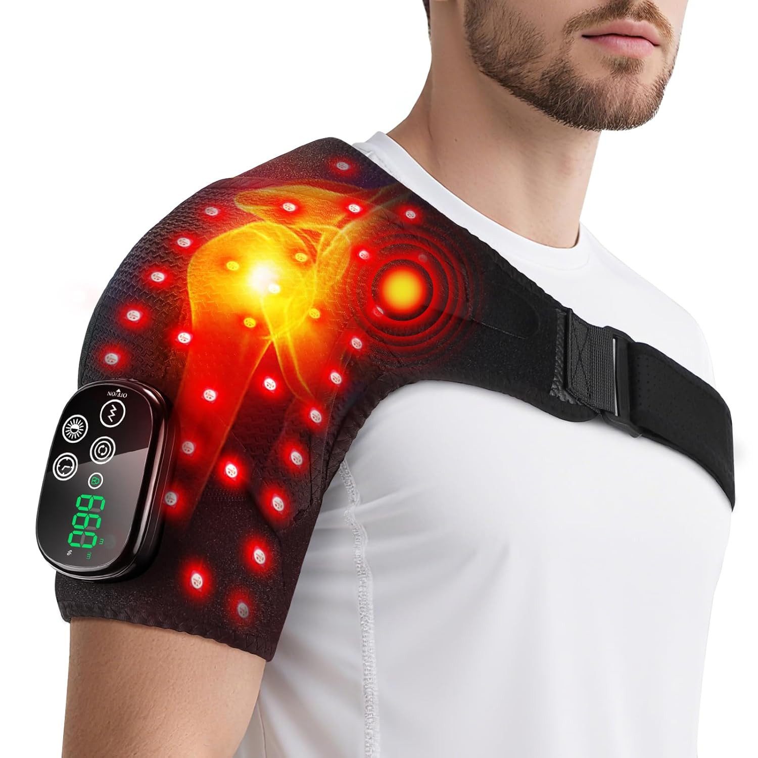 ibettertec Massagegerät Schulter Massagegerät mit Rotlicht und Vibrationsmassage, Kabellose Rotlicht Schulterbandage mit 660nm & 850nm LED-Licht, 5000mAh Akku, für Schulter und Nacken