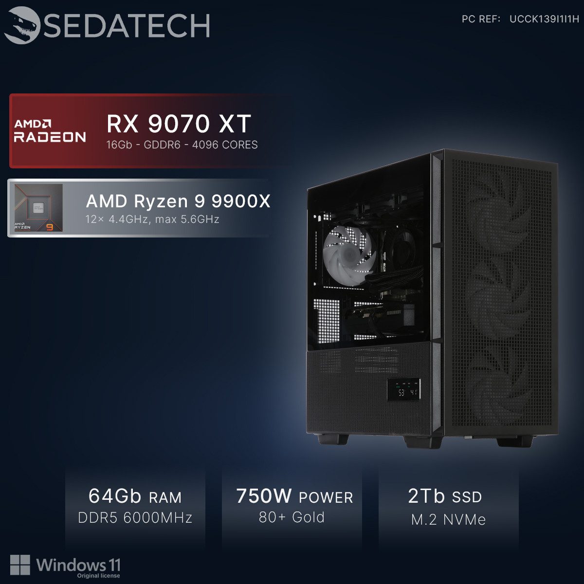 Sedatech UCCK139I1I1HF - Watercooling Gaming-PC (AMD Ryzen 9 9900X 12x 4.4GHz (max 5.6GHz), Radeon RX 9070 XT 16GB, 64 GB RAM, 2000 GB SSD, Watercooling, Wlan 7)