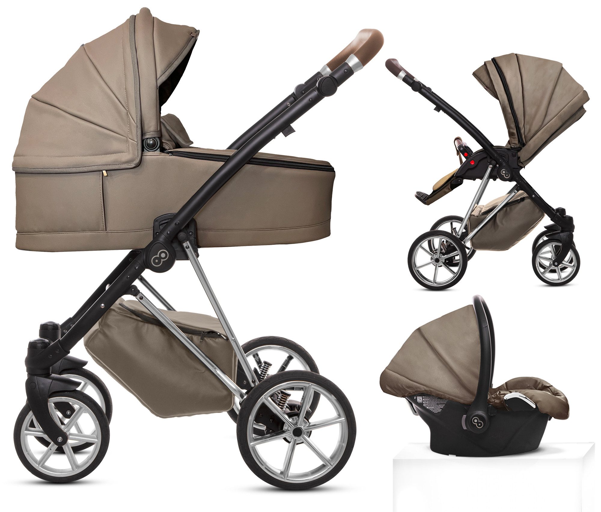 TPFFamily Kombi-Kinderwagen 3in1 Musse Royal, Baby Buggy Babywanne 5-Punkt-Sicherheitsgurt, Zubehör-Set Kinderwagen 3 in 1 Kunstleder Grau, Gestell Silber