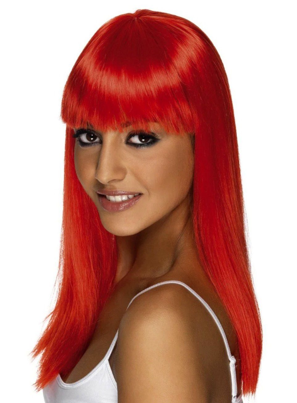Metamorph Kostüm-Perücke Straight Cut Perücke mit Pony neon-rot, Gerade geschnittenes Kunsthaar in leuchtender Farbe