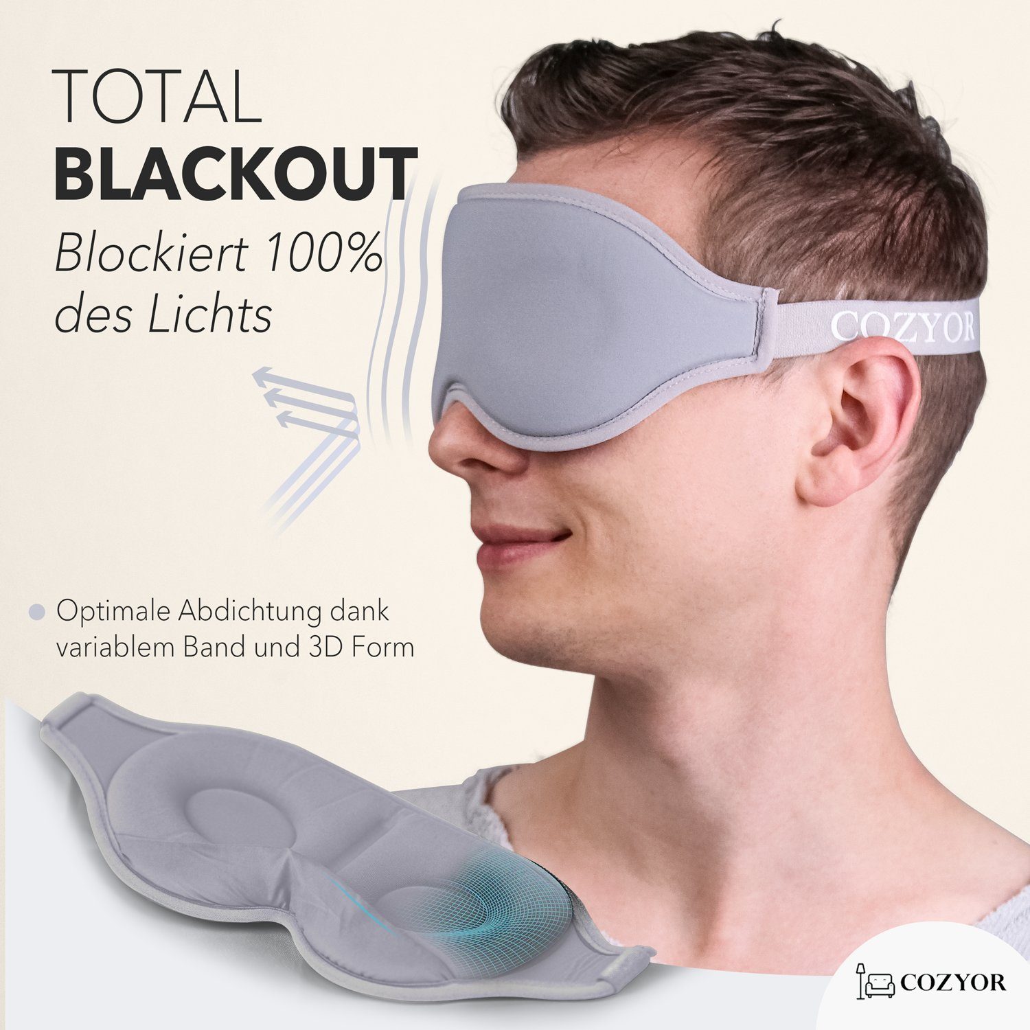 Cozyor Schlafmaske 100% Blackout-Effekt 3D Augenmaske mit ergonomischem Design, Reiseset klein & kompakt hellgrau Moonlight, Schlafmaske mit wiederverwendbaren Ohrstöpseln, extra Polsterung und variable Passform