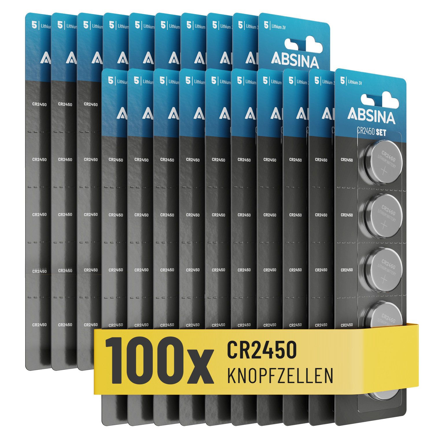 ABSINA Knopfzelle CR2450 Lithium 3V 100er Pack Knopfzelle, (100 St)
