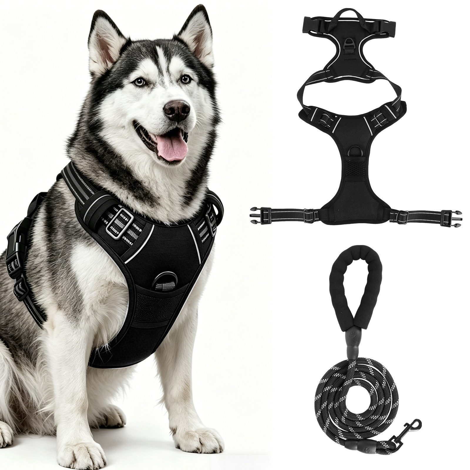 BlingBin Hunde-Geschirr Antizug Hundegeschirr mit Leine, Anti Zieh Geschirr für Hunde, Nylon und Polyester, Atmungsaktives und Reflektierendes Brustgeschirr für Mittelgroße Hunde