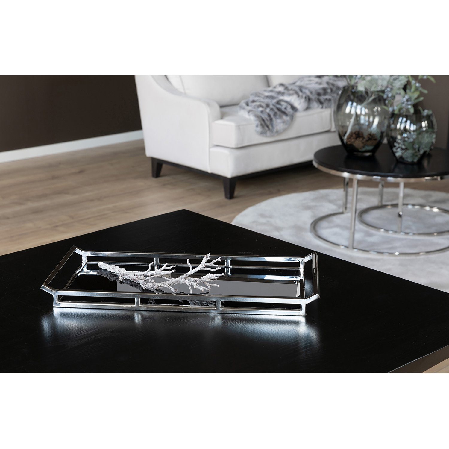 Fink Dekotablett PIANO Tablett - H. 5cm x L. 55cm - schwarz/silber - Edelstahl/Glas (1 St., 1 Stück), Elegantes Serviertablett & Deko Tablett - Vielseitige Servierplatte
