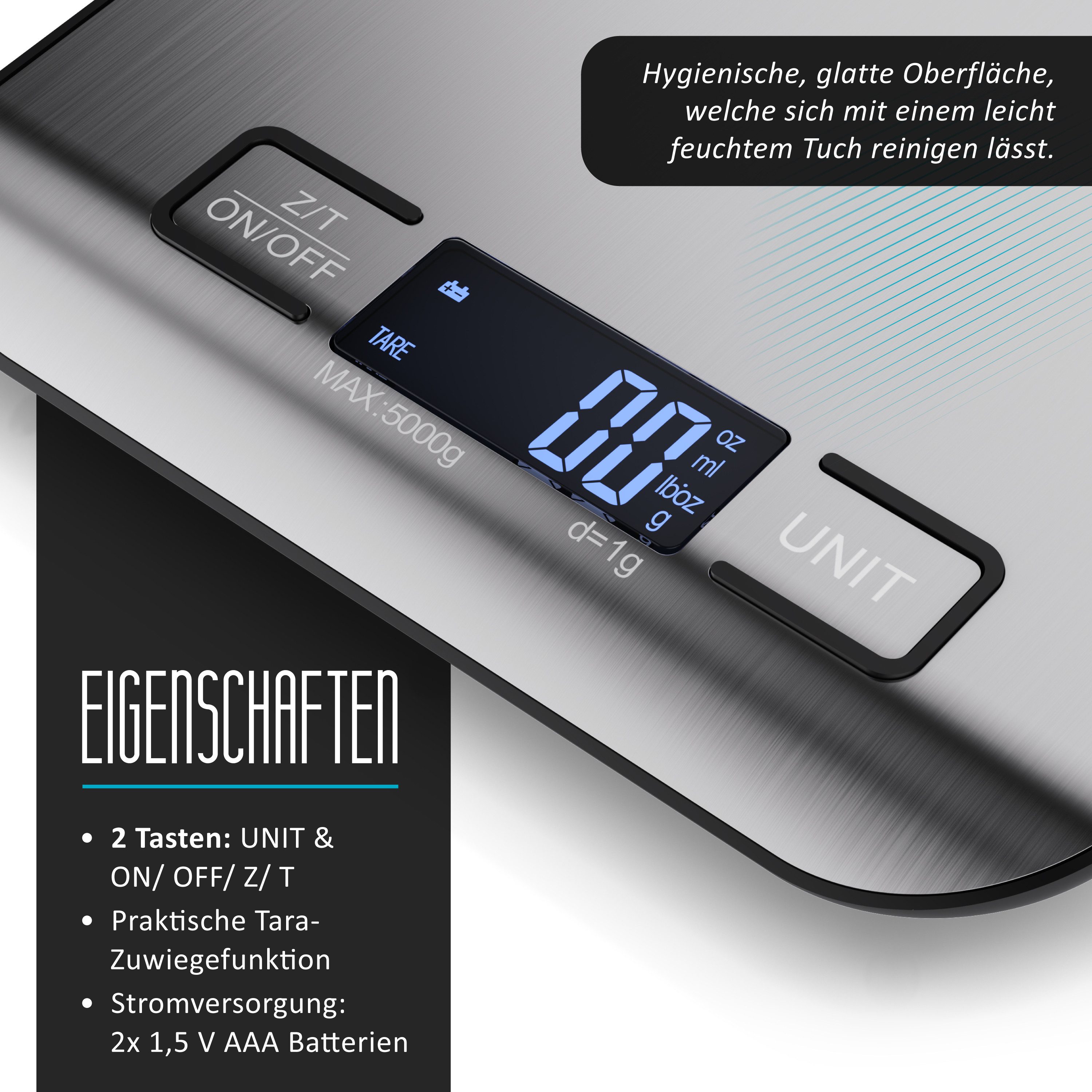 Arendo Küchenwaage bis 5kg, Digitale Lebensmittelwaage aus Edelstahl, Messgenauigkeit 1g, (1-tlg), Kaffeewaage, automatische Abschaltung, Tara-Funktion, weißes Display