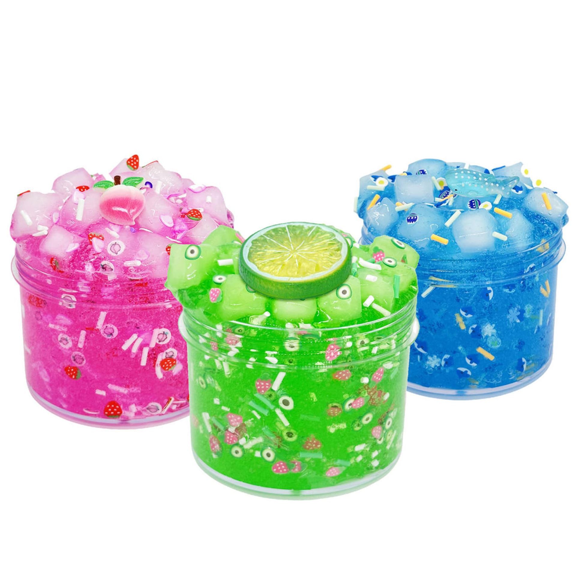 Fivejoy Knete 3 Stück Kit Jelly Cube Crunchy Slime (Rosa Pfirsich Grüne Kiwi und Blaue Meerestiere Super Soft Non-Stick, Geburtstagsgeschenk Slime Party, 3-tlg), Favors für Mädchen und Jungen