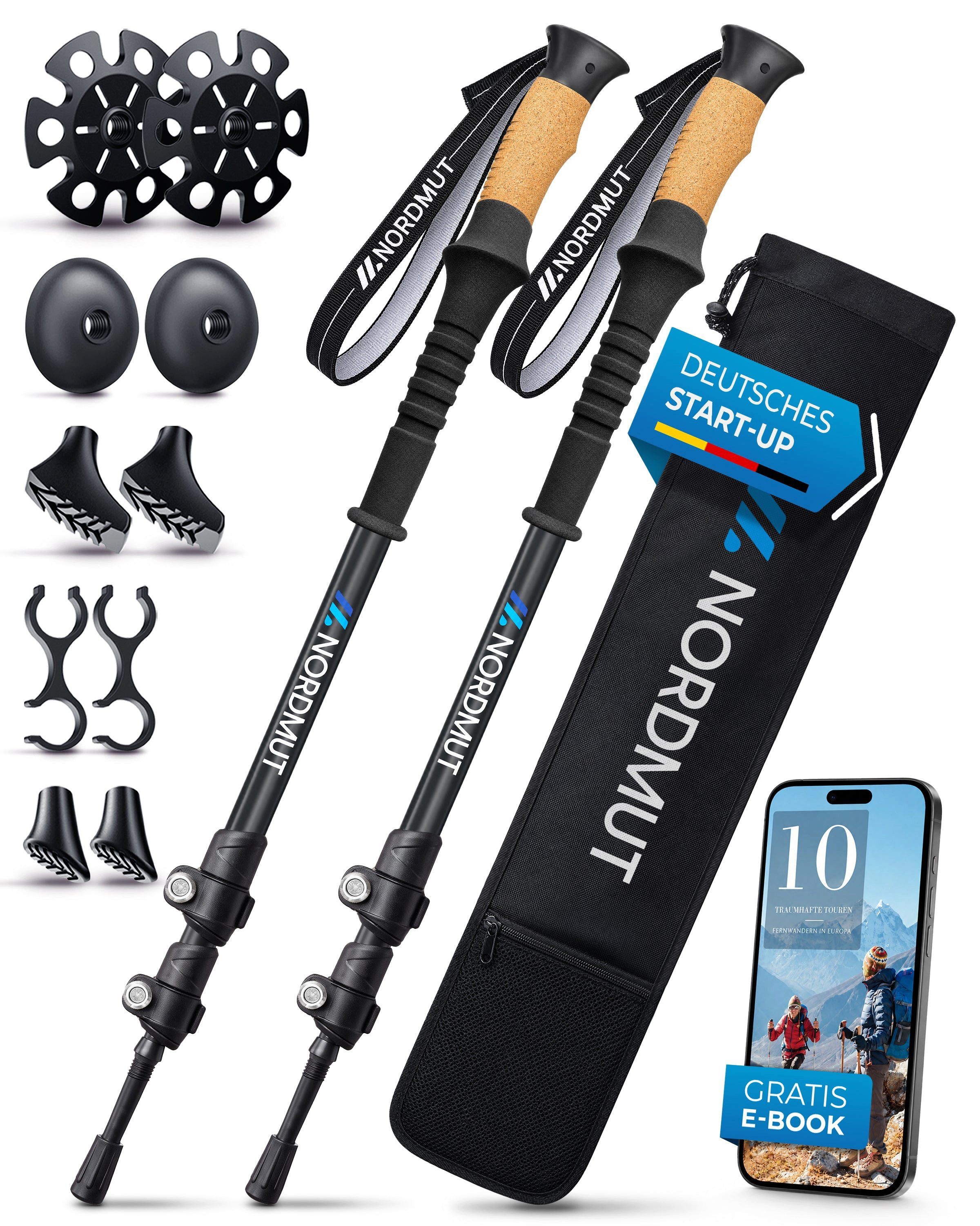 Nordmut Wanderstöcke Teleskop Trekkingstöcke, Nordic Walking Stöcke, Korkgriff, 65–135 cm (Set, 2 St., mit Tasche, Gummipuffern, Schnee- und Matschtellern), ultraleicht, stufenlos höhenverstellbar, Quick-Lock, Damen und Herren