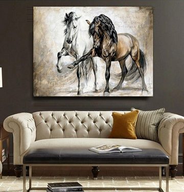 TPFLiving Kunstdruck (OHNE RAHMEN) Poster - Leinwand - Wandbild, Braunes und weißes Pferd vor beigem Hintergrund (Verschiedene Größen), Farben: Leinwand bunt - Größe: 20x30cm