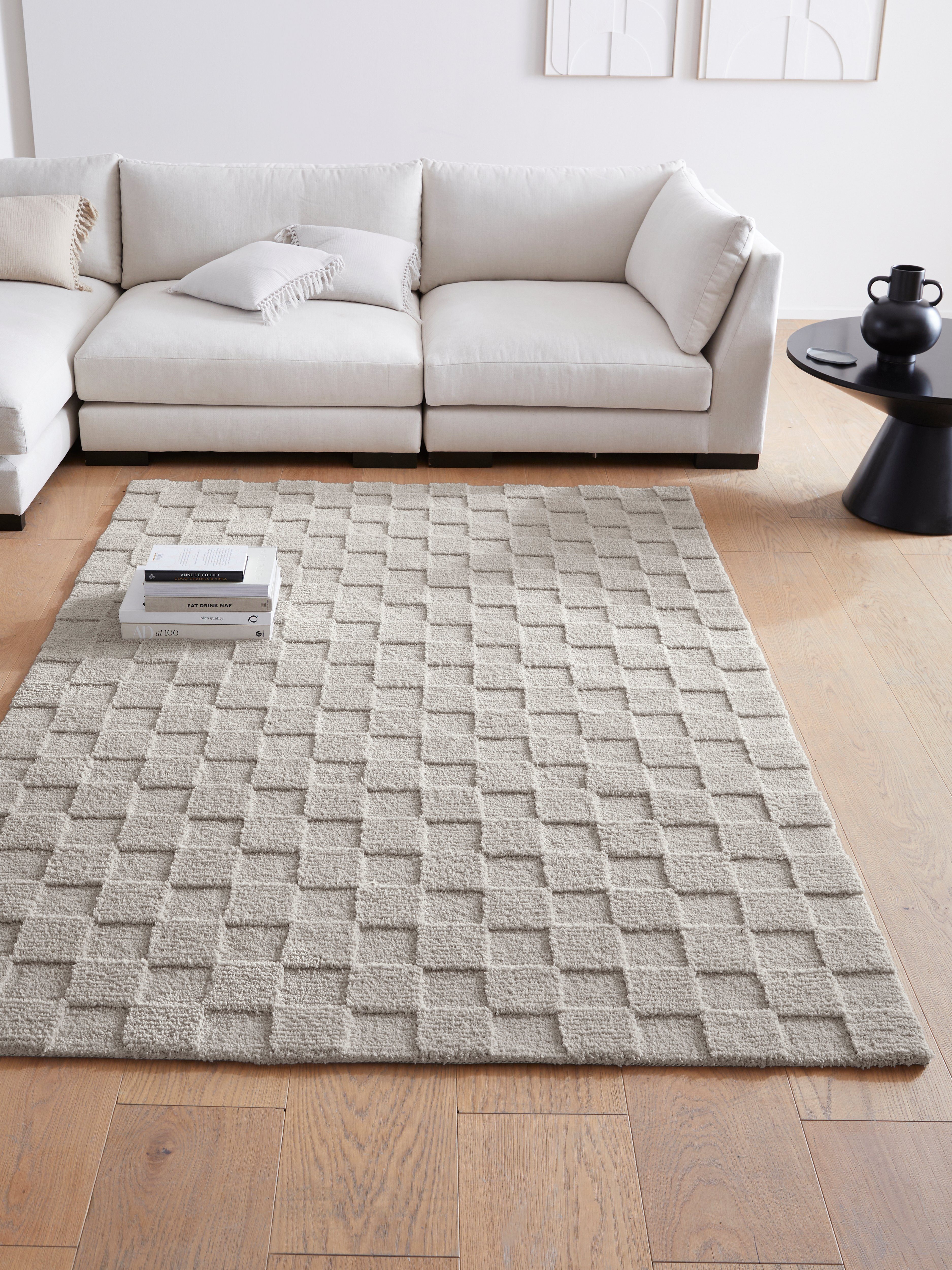 LeGer Home by Lena Gercke Teppich Esmé, Hochflor-Teppiche, weich, Boho, rechteckig, Höhe: 23 mm, Hoch-Tief-Struktur, Uni, Kästchen, Wohnzimmer, Schlafzimmer, Esszimmer