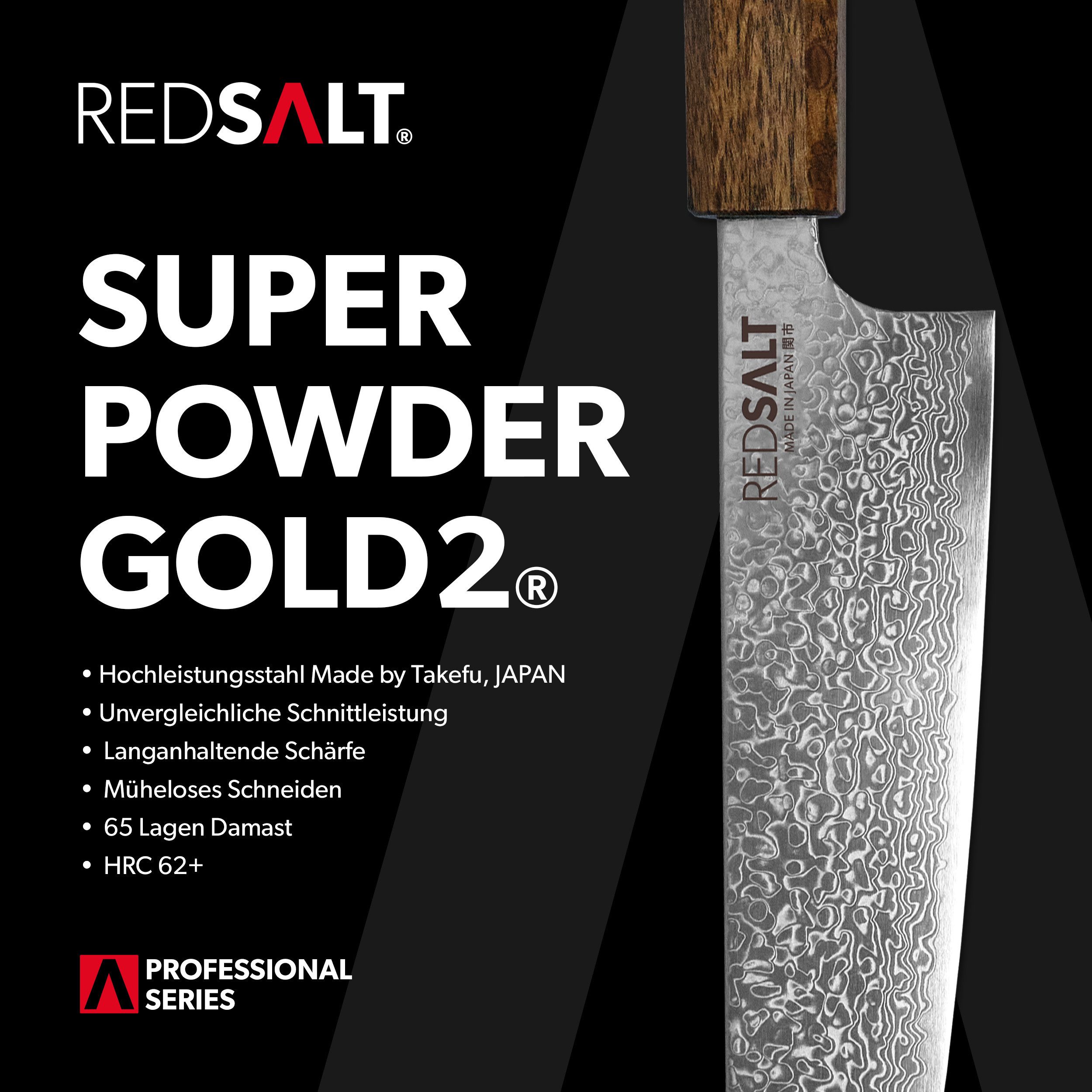 REDSALT® Damastmesser GYUTO  20cm SPG2 Damaststahl Chefmesser handgefertigt, TAKEFU SPG2 Kern, 65 Lagen, rostfrei, Made in Japan