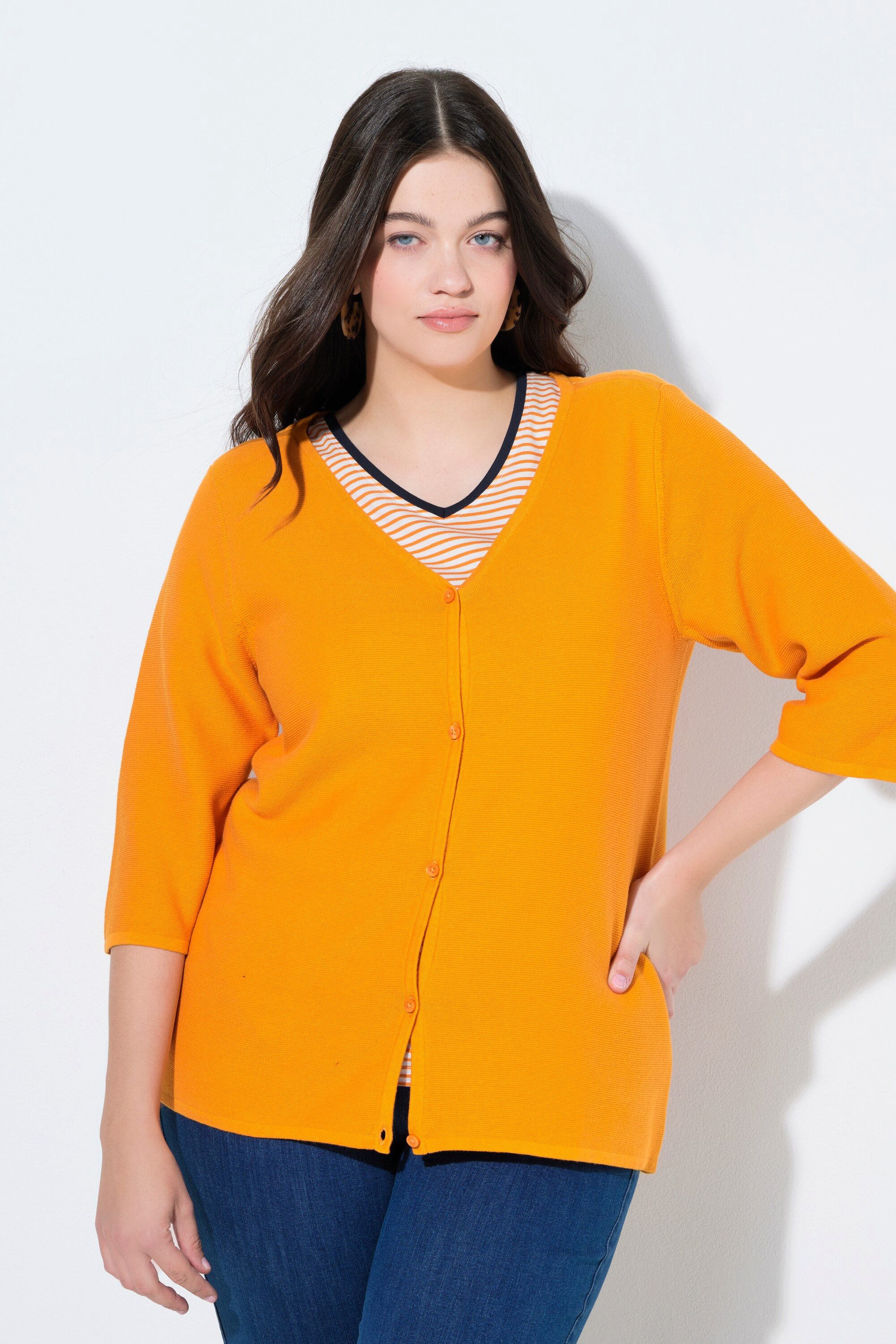 Ulla Popken Strickjacke Strickjacke V-Ausschnitt 3/4-Arm Biobaumwolle günstig online kaufen