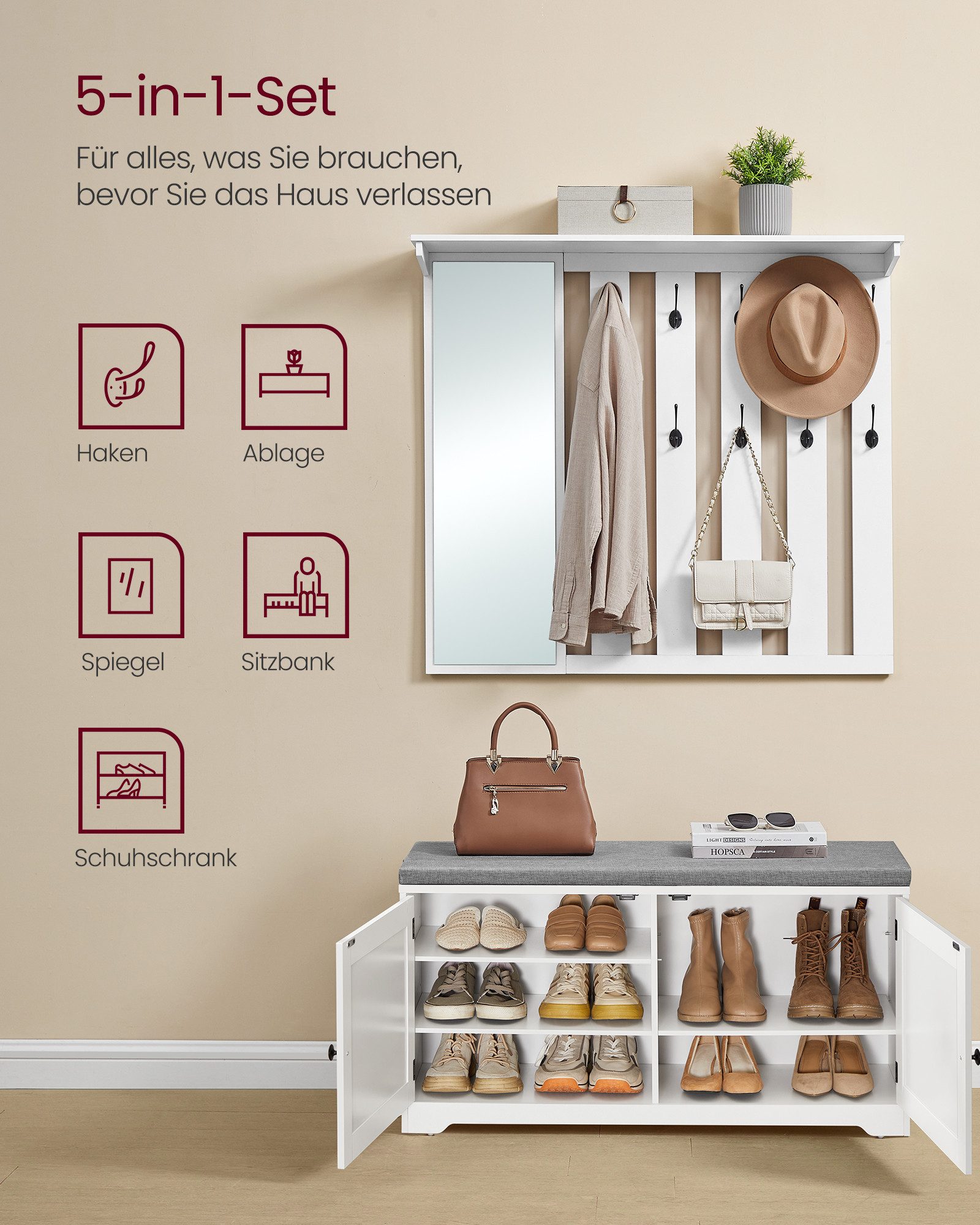 VASAGLE Schuhbank Wandgarderobe Set, Garderobe mit Spiegel, Doppeltüren, Sitzbank, 10 Doppelhaken, Schuhschrank, Sitzpolster abnehmbar, 101 cm breit