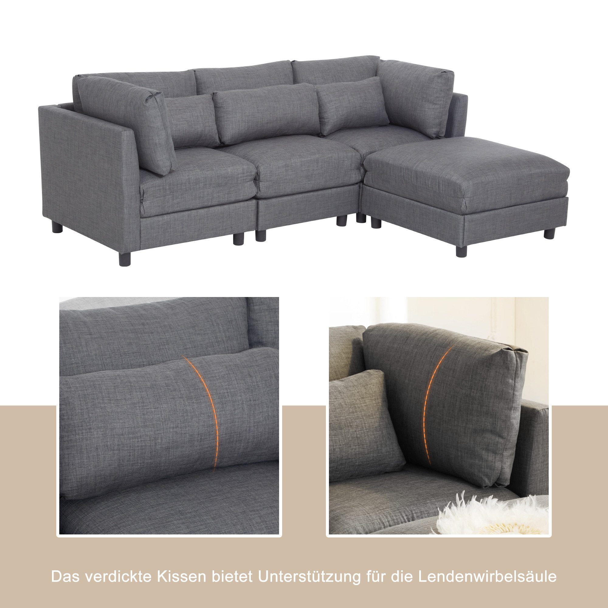 3-Sitzer mit Ecksofa Leinenbezug, mit abnehmbaren Sofagarnitur Merax mit Kissen, mane, Couch modulare Grau
