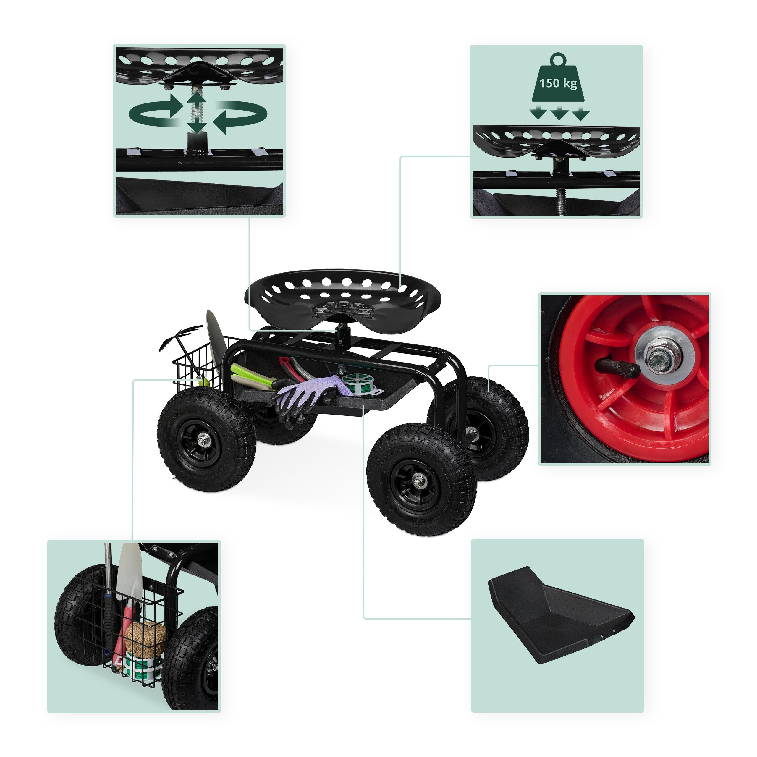 relaxdays Rollsitz Fahrbarer Gartensitz mit Stauraum, schwarz