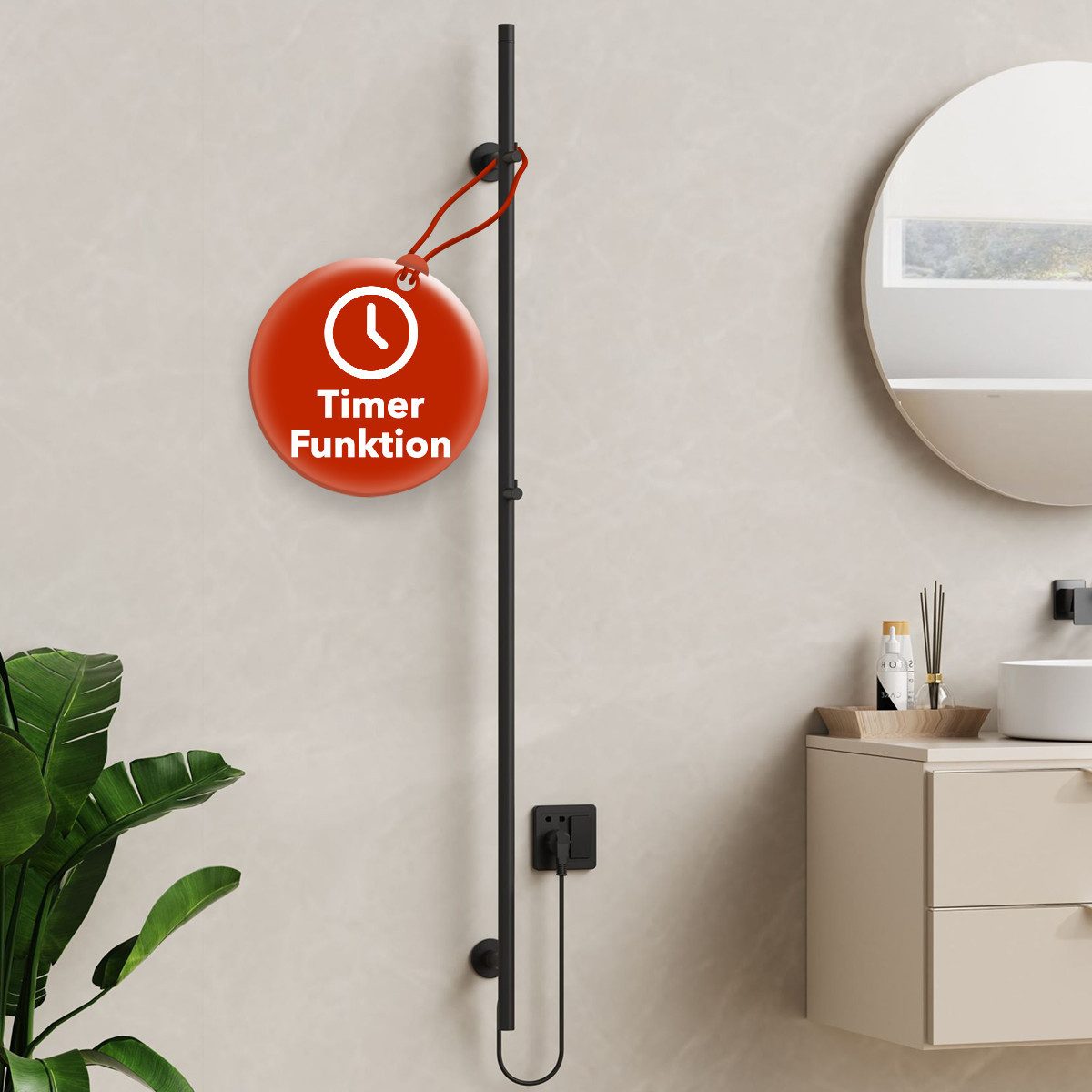 Belvit Elektrischer Badheizkörper Handtuchwärmer 150x6,3 cm mit 2 Handtuchhaken mit Timer & 2 Heizstufen, 60W, Wandmontage mit Montagematerial, Handtücher trocknen & wärmen