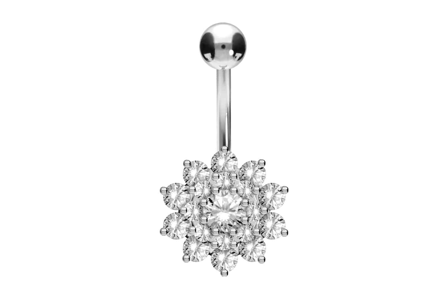 PIERCINGLINE Bauchnabelpiercing Titan Bananabell mit 925er Silber-Design KRISTALLBLUME (Bananabells / 1 Stk)