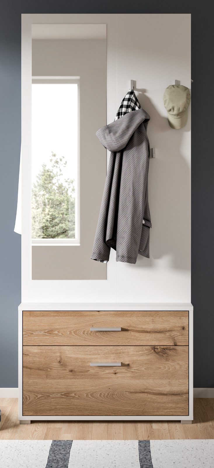 Inn.Furn Kompaktgarderobe Pallas (Garderobe in weiß mit Eiche, 80 x 190 cm) mit Spiegel, Kleiderstange und Schuhregal