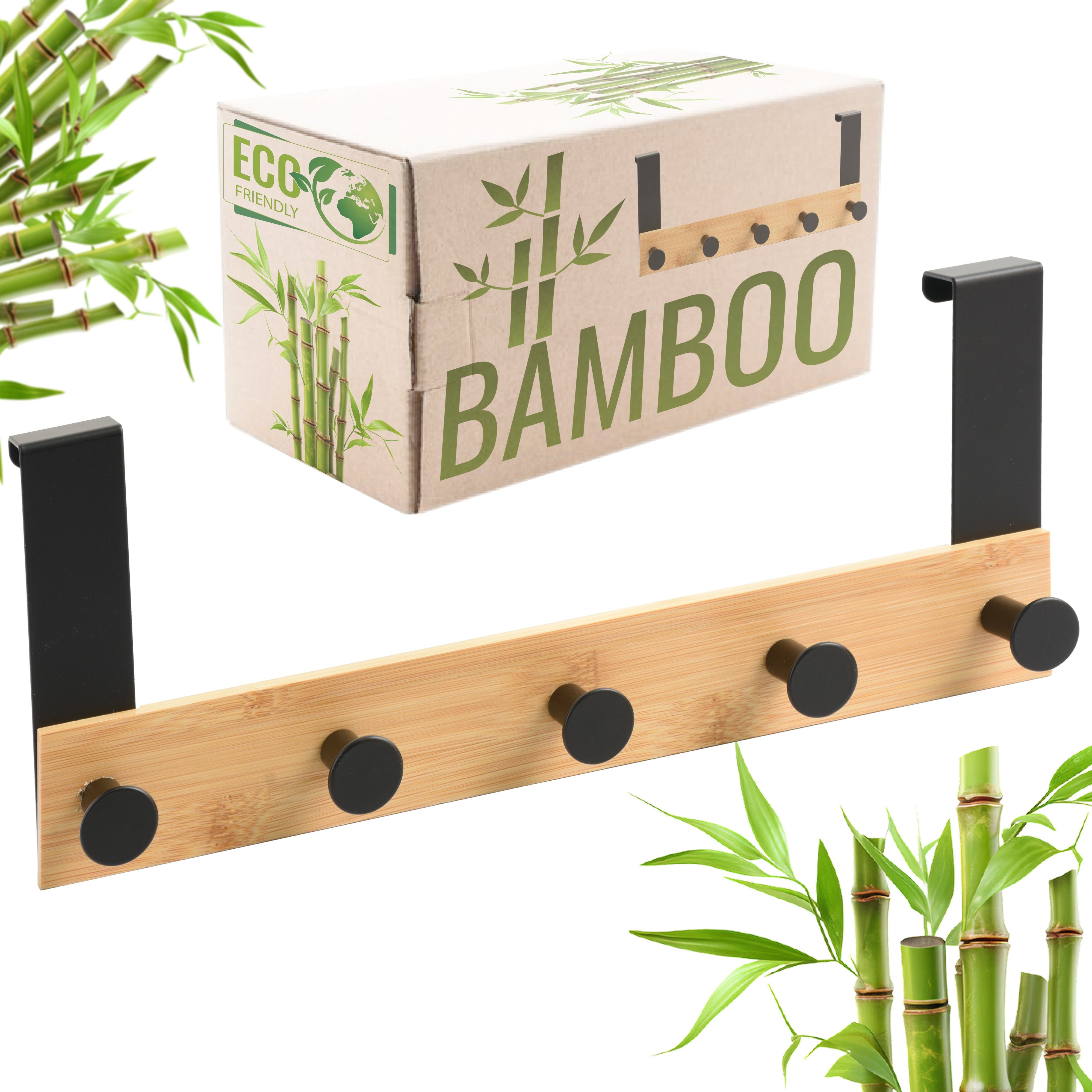 RICOO Шкафыleiste Tür Hakenleiste Hängegarderobe Türhakenleiste aus Bambus Stahl 5 Haken (1-er Set / 1 Stk. / MH029N-5, 1 St., Türgarderobe Крючки гардеробные Tür Hakenleiste Platzsparende Garderobe), Garderobe ohne Bohren Kleiderhaken Tür bis max 23mm Türbreite