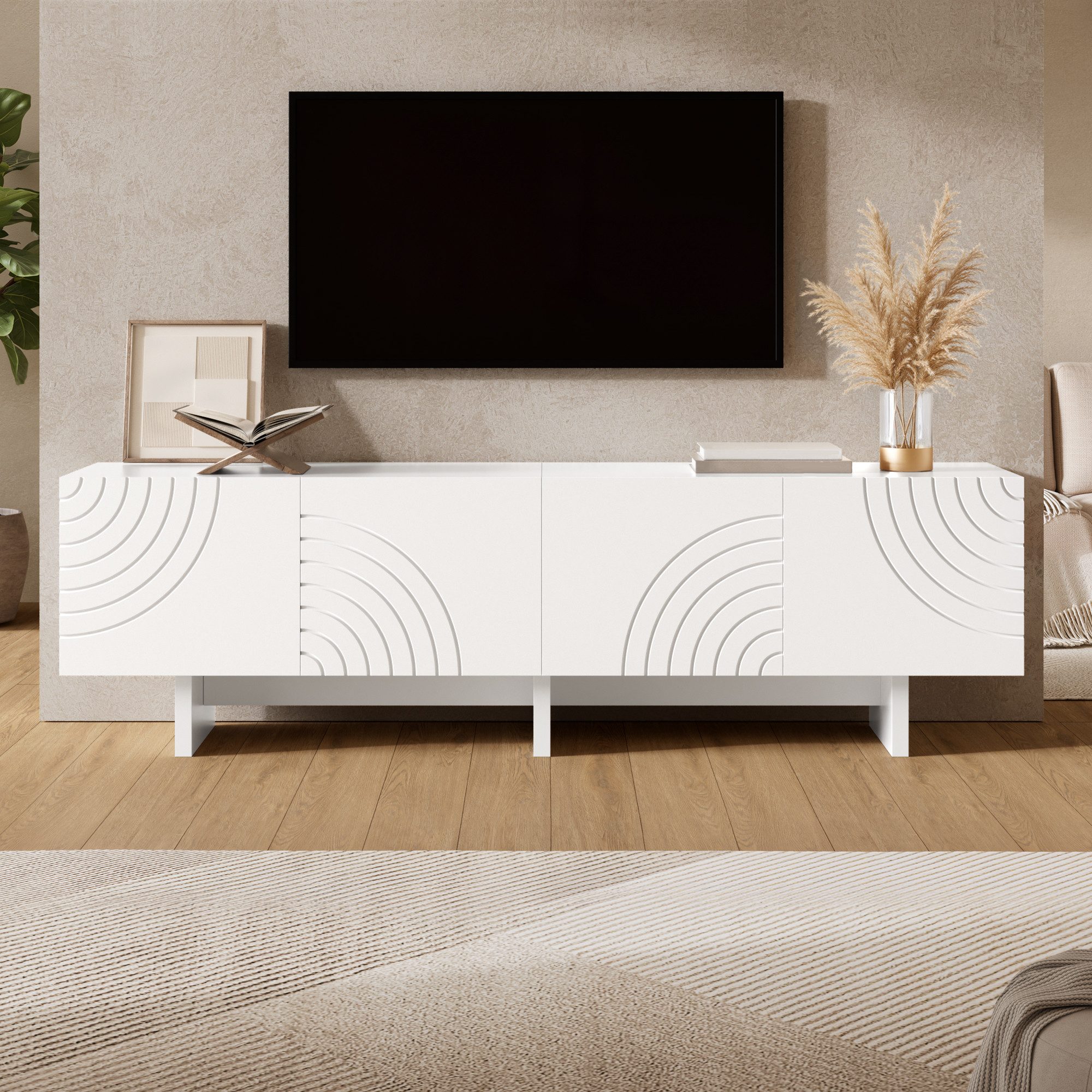 TV-Schrank Lowboard mit 4 Türen & Stauraum, Fernsehschrank - 170x35x50 cm