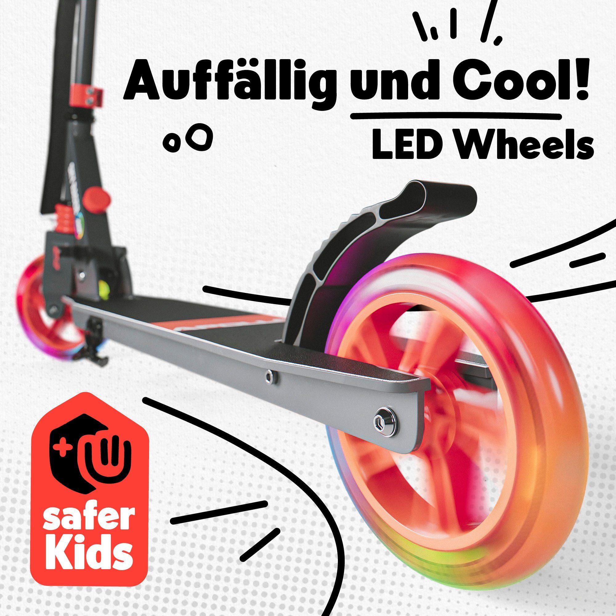 Apollo Cityroller Skyracer LED City Scooter Kinder, Tretroller mit Federung, klappbarer Kinderroller, höhenverstellbar