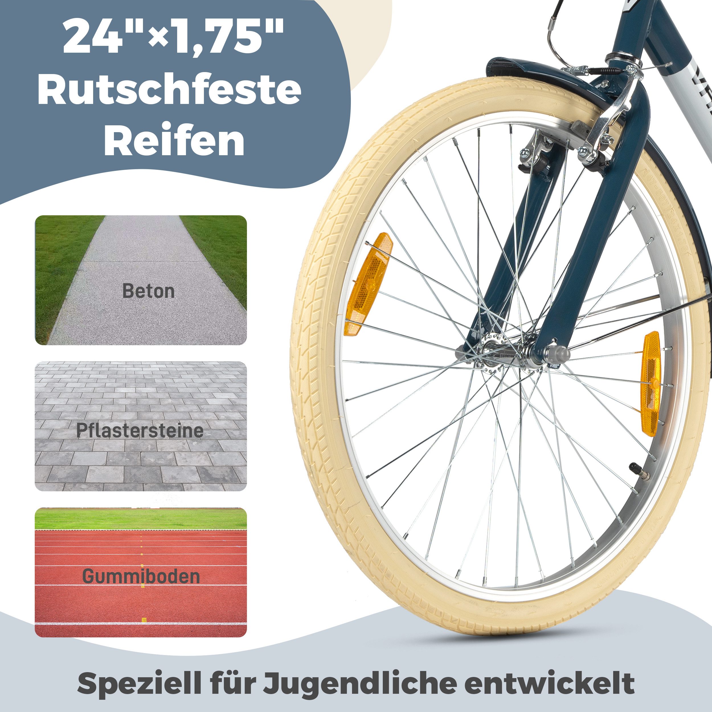 ROMICO Kinderfahrrad Kinderfahrrad 24 Zoll, 130–155 cm, Rücktrittbremse & Kettenschutz, 1 Gang, Vintage-Look, Creme-Reifen, Komfortsattel