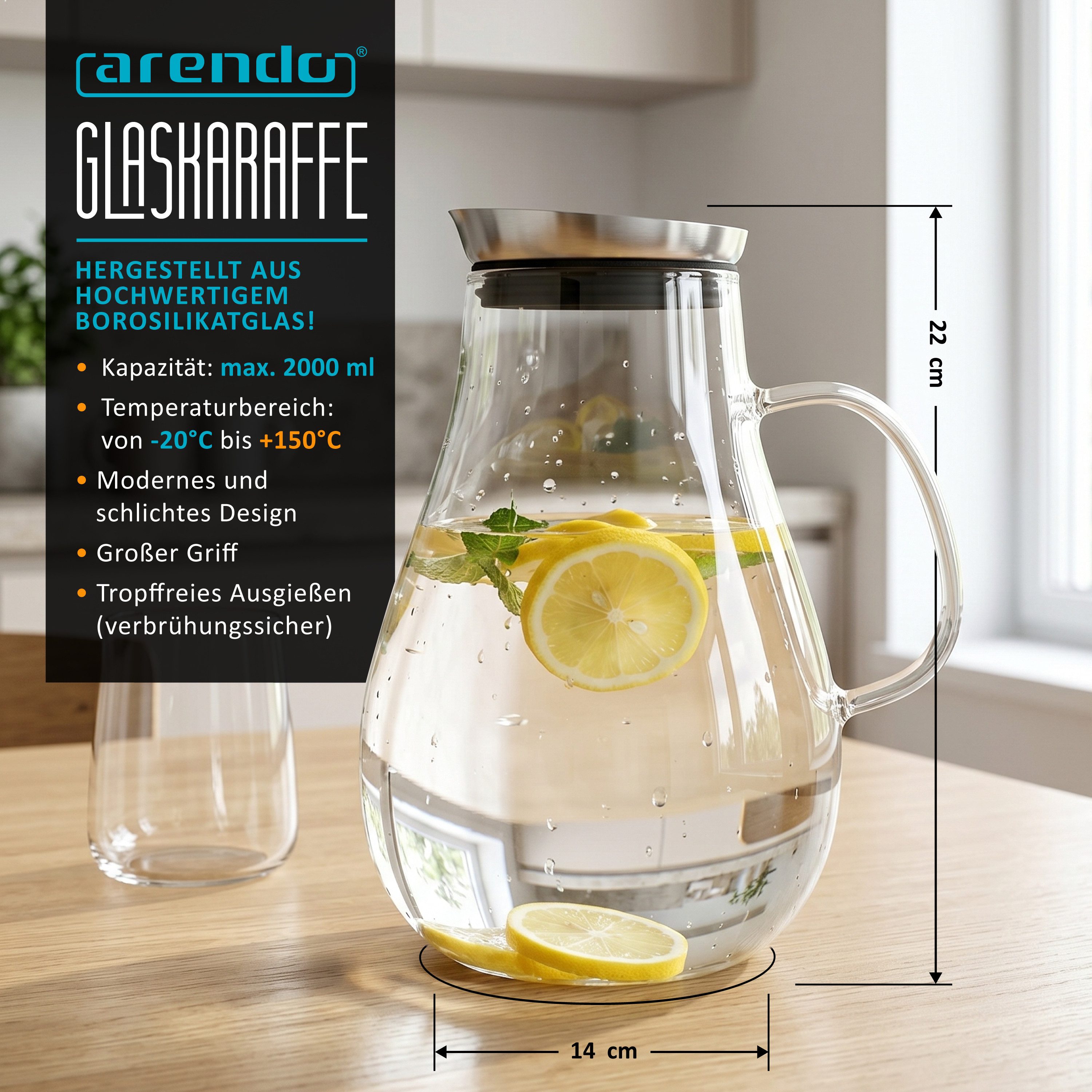 Arendo Karaffe Glaskaraffe 2,0 L, Edelstahldeckel, Henkel, Grobfilter, Wasserkaraffe, (2000 ml mit Edelstahl-Deckel, Grobfilter und ergonomischem Henkel), Borosilikatglas, 2000 ml, Sieb, hitze- und kältebeständig, BPA-frei