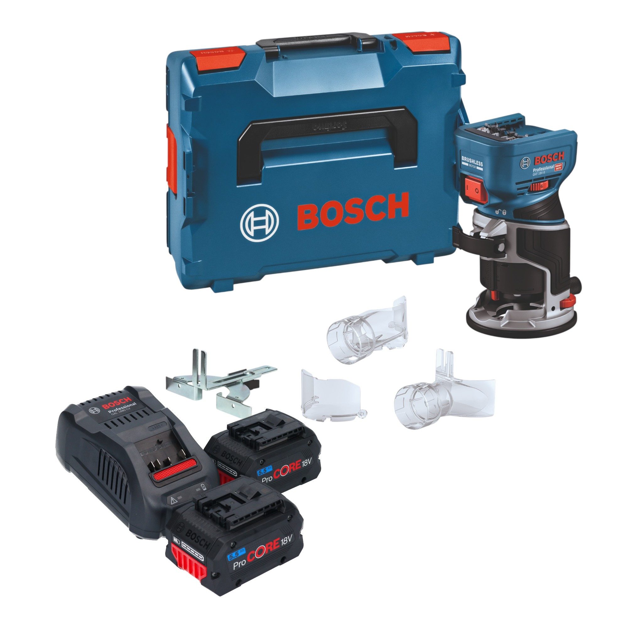 Bosch Professional Oberfräse GKF 18V-8 Professional Akku Kantenfräse 18 V 8,0 mm Brushless + 2x