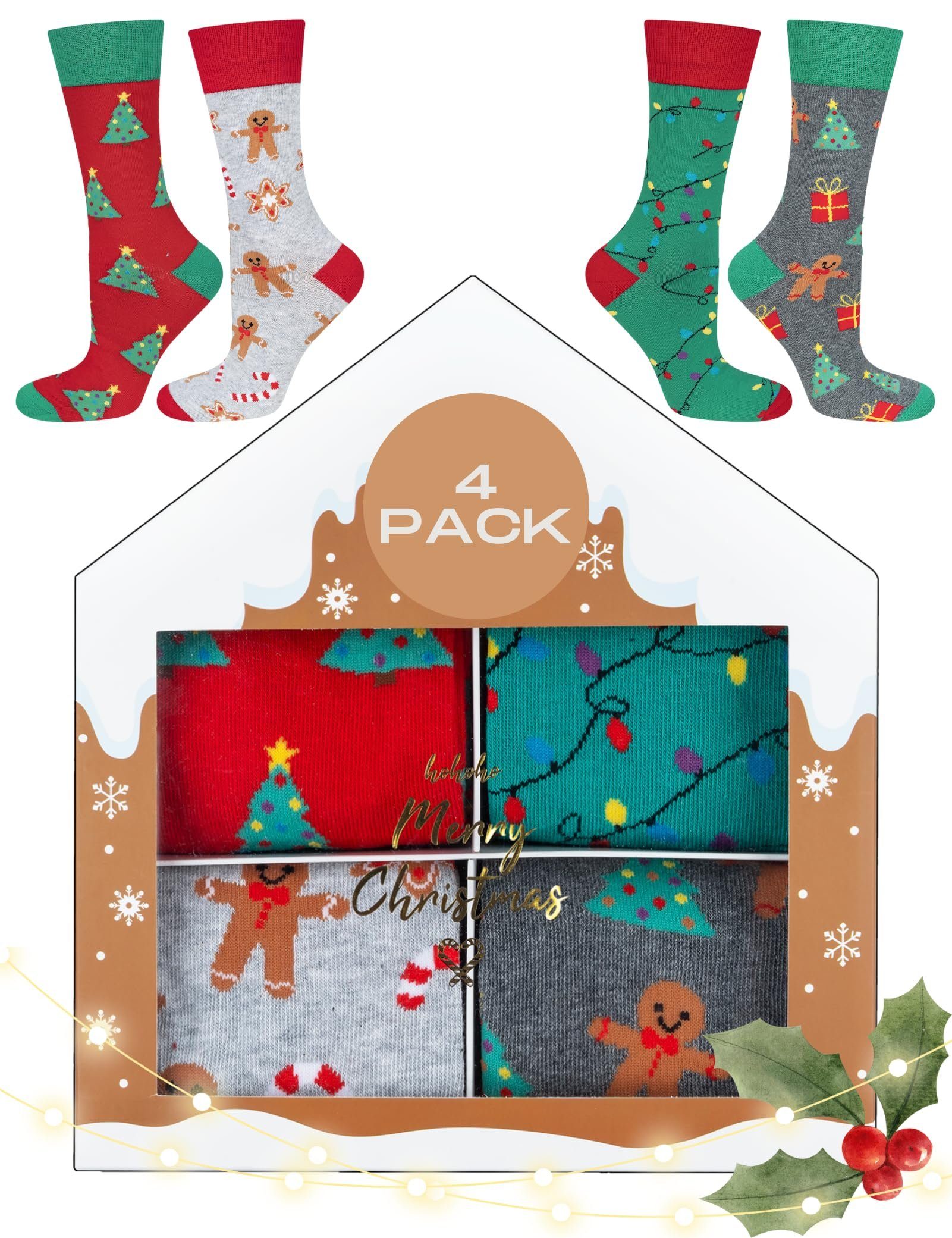Soxo Socken soxo Weihnachten Socken Geschenke Weihnachtssocken Herren Damen 4 Paar (4 Paar) Weihnachten Socken Braunes Haus 2